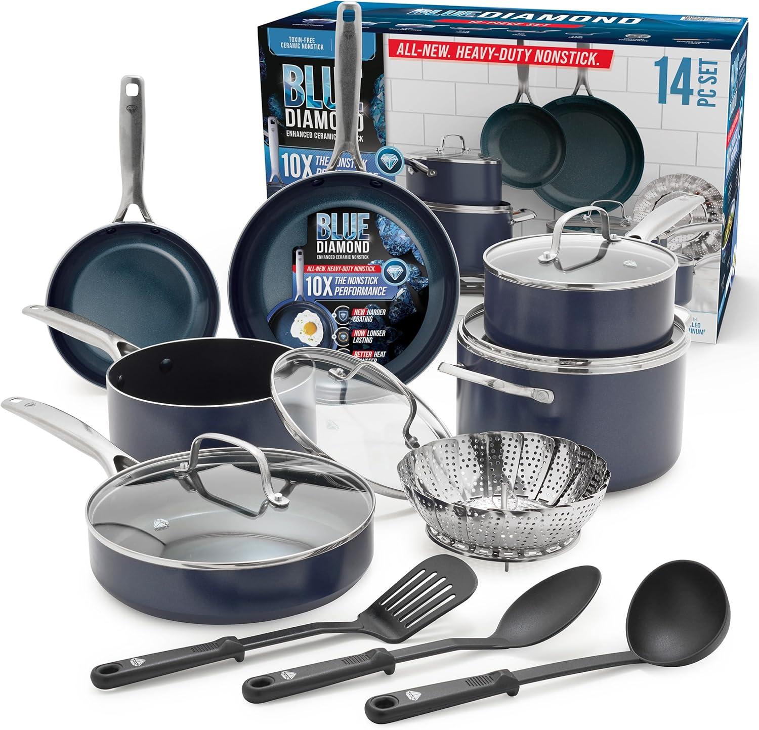 image:imageBlue Diamond 14 Piece Nonstick Cookware Set Diamond Ceramic Pots amp Pans Dishwasher amp Metal Utensil Safe Non Toxic PFASFree Kitchen Cooking Sauce amp Saute Pans Oven amp Broiler to 600F BlueBlue