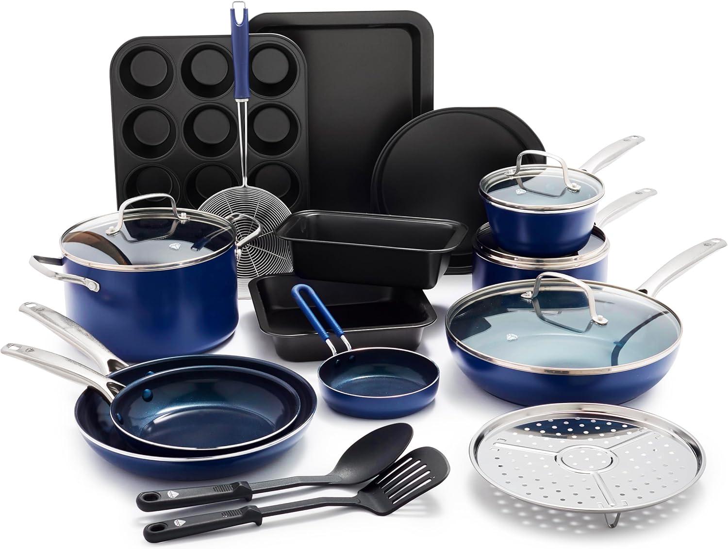 image:imageBlue Diamond 20 Piece Nonstick Cookware Set Diamond Ceramic Pots amp Pans Dishwasher amp Metal Utensil Safe Non Toxic PFASFree Kitchen Cooking Sauce amp Saute Pans Oven amp Broiler to 600F BlueBlue