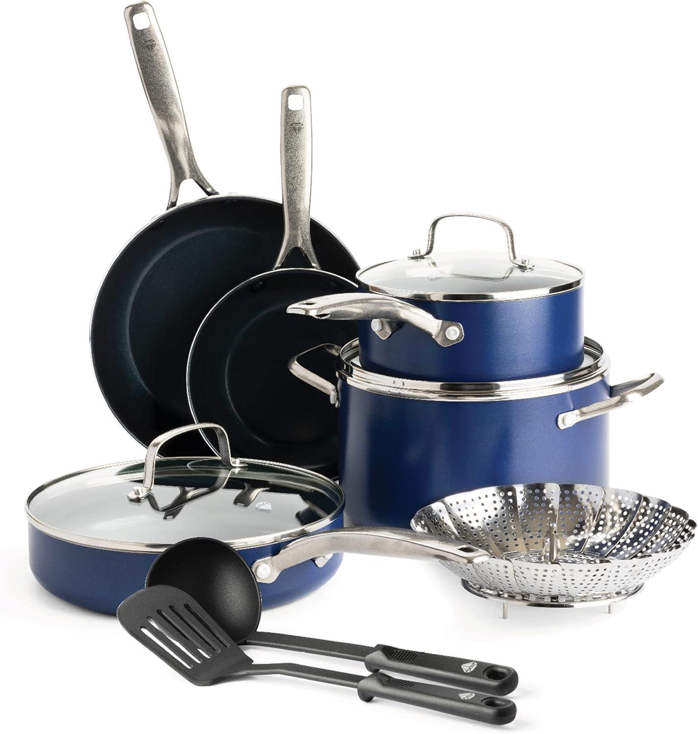 image:imageBlue Diamond 20 Piece Nonstick Cookware Set Diamond Ceramic Pots amp Pans Dishwasher amp Metal Utensil Safe Non Toxic PFASFree Kitchen Cooking Sauce amp Saute Pans Oven amp Broiler to 600F BlueBlue