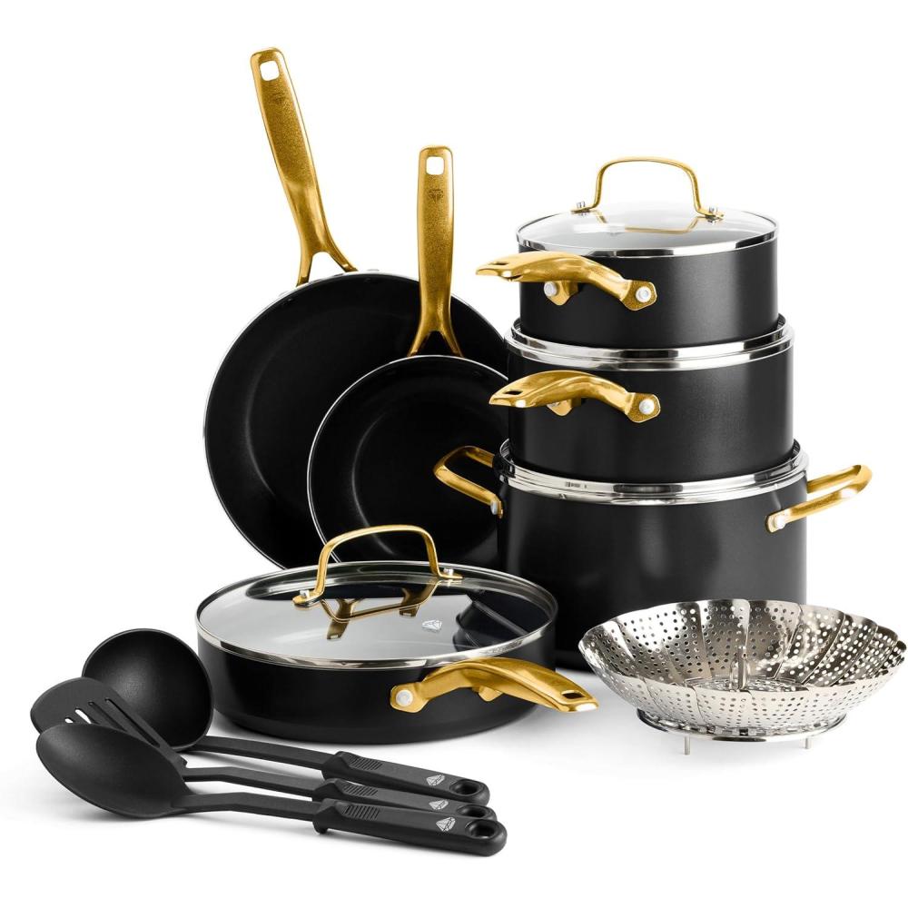 image:imageBlue Diamond 14 Piece Induction Nonstick Cookware Set Diamond Infused PFASFree Ceramic Nonstick Pots amp Pans Durable Metal Utensil Safe Dishwasher Safe Oven amp Broiler to 600F BlackGold14 Piece Cookware Set