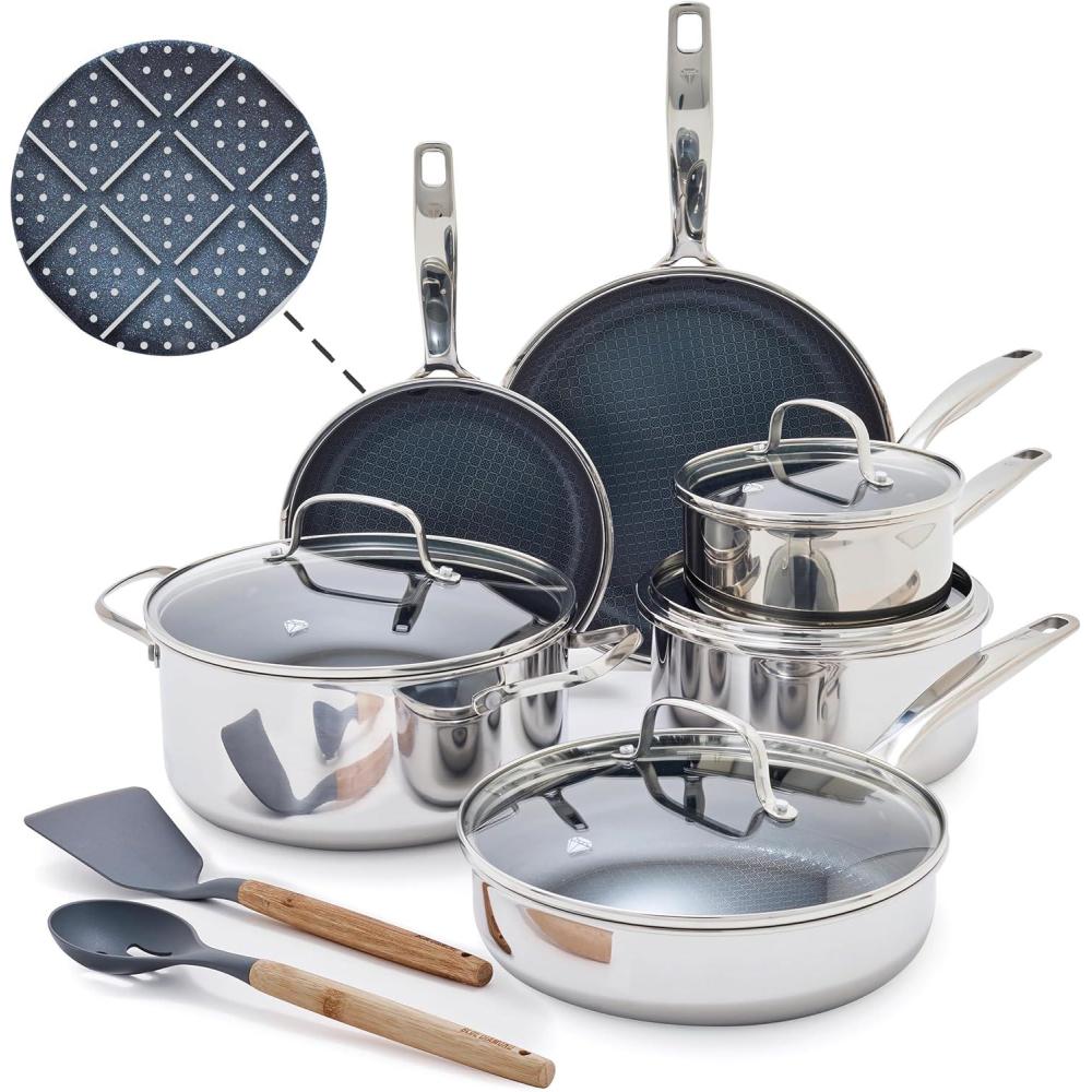 image:imageBlue Diamond Hybrid Nonstick Stainless Steel 12 Piece Cookware Set TriPly PFASFree Ceramic Diamond Bond Pots amp Pans Dishwasher amp Oven Safe to 850F Induction Ready Metal Utensil Safe SilverSilver