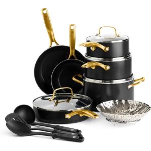 Blue Diamond 14 Piece Induction Nonstick Cookware Set, Diamond Infused PFAS-Free Ceramic Nonstick Pots & Pans, Durable Metal Utensil Safe, Dishwasher Safe, Oven & Broiler to 600F, Black/Gold(14 Piece Cookware Set)