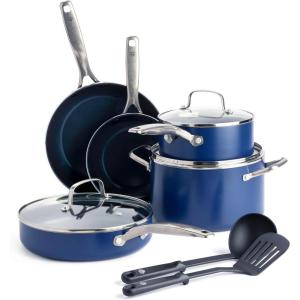 Blue Diamond 14 Piece Nonstick Cookware Set, Diamond Ceramic Pots & Pans, Dishwasher & Metal Utensil Safe, Non Toxic PFAS-Free, Kitchen Cooking Sauce & Saute Pans, Oven & Broiler to 600F, Blue(Blue)