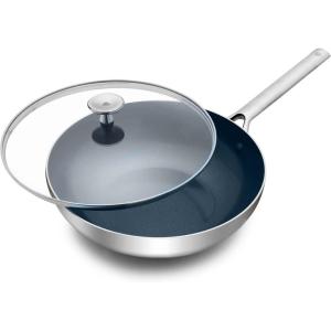 Blue Diamond Tri-Ply Stainless Steel 9.5” & 11″ Frying Pan Skillet Set, Healthy Ceramic Nonstick, PFAS-Free, Multi Clad, Induction, Dishwasher & Oven Safe, Versatile Kitchen Essential(11″ Wok Pan)