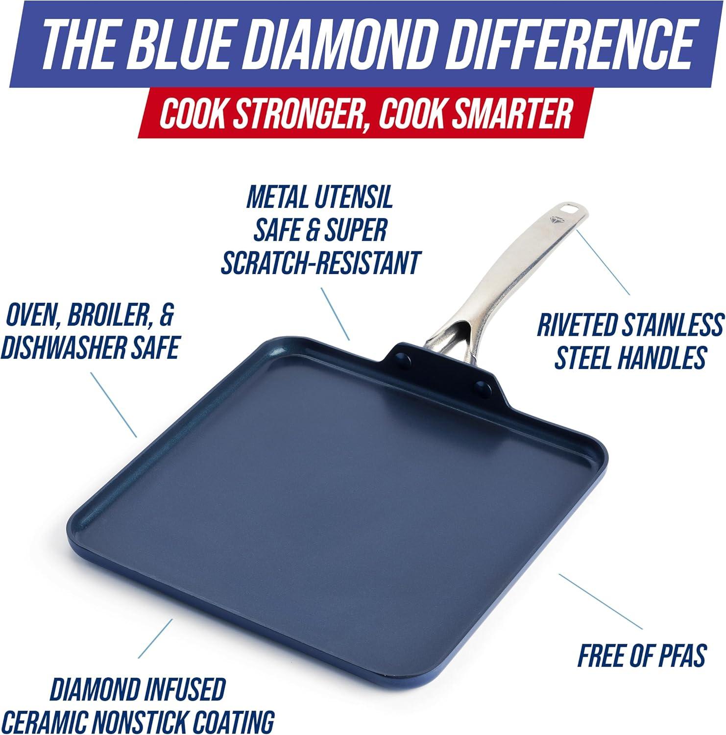 image:imageBlue Diamond 11 Nonstick Square Griddle Pan Non Toxic PFASFree Diamond Ceramic Dishwasher amp Oven Safe Even Heating Metal Utensil Safe Warp Control Blue11 Griddle Pan