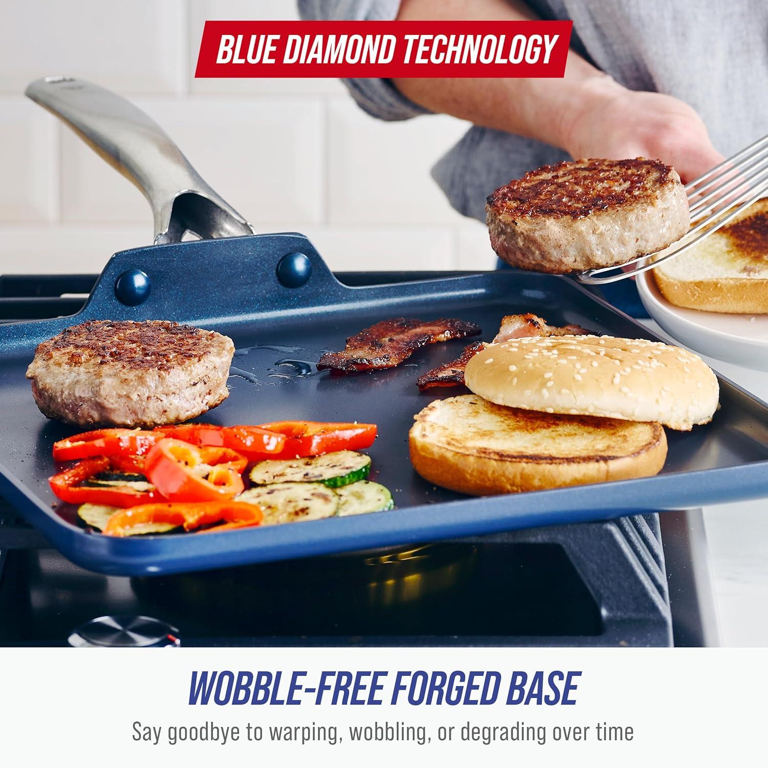 image:imageBlue Diamond 11 Nonstick Square Griddle Pan Non Toxic PFASFree Diamond Ceramic Dishwasher amp Oven Safe Even Heating Metal Utensil Safe Warp Control Blue11 Griddle Pan
