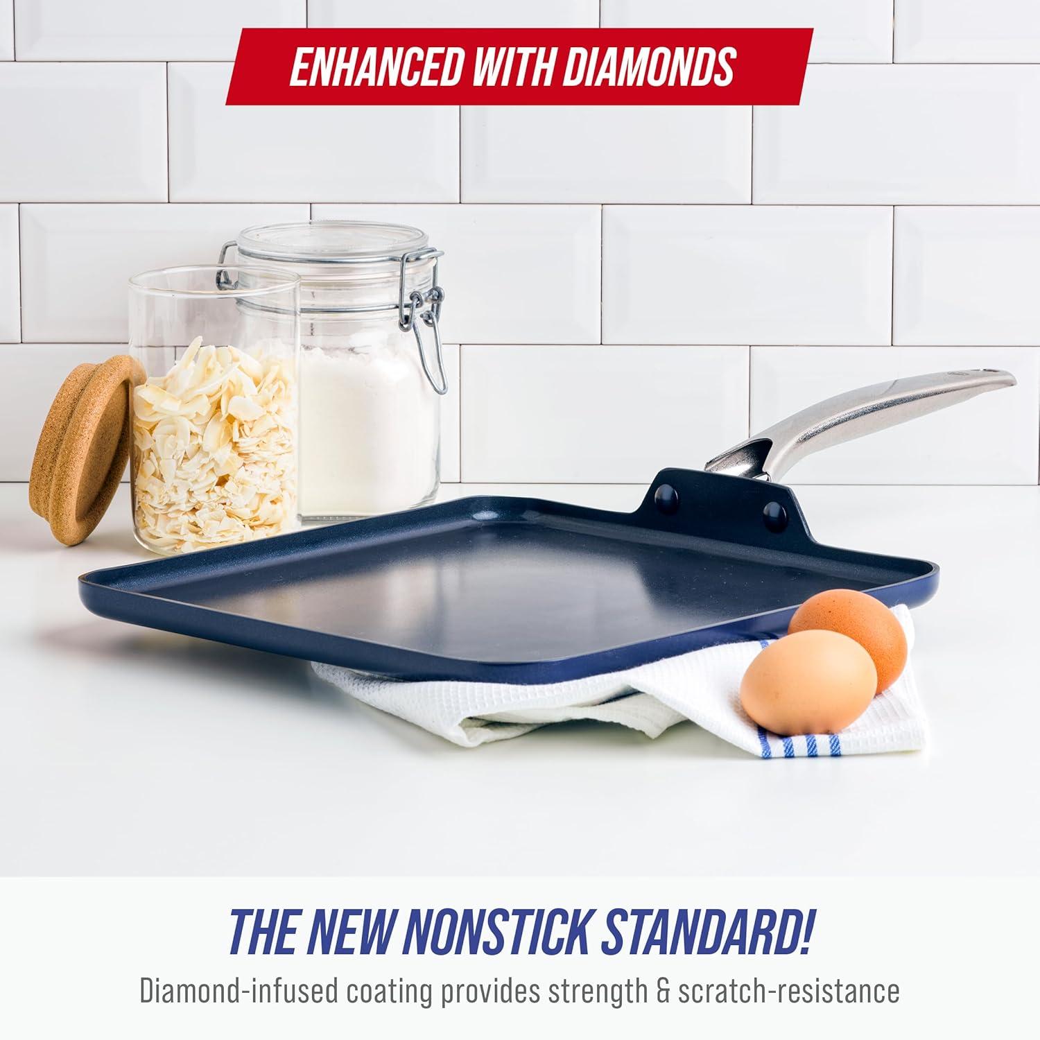 image:imageBlue Diamond 11 Nonstick Square Griddle Pan Non Toxic PFASFree Diamond Ceramic Dishwasher amp Oven Safe Even Heating Metal Utensil Safe Warp Control Blue11 Griddle Pan
