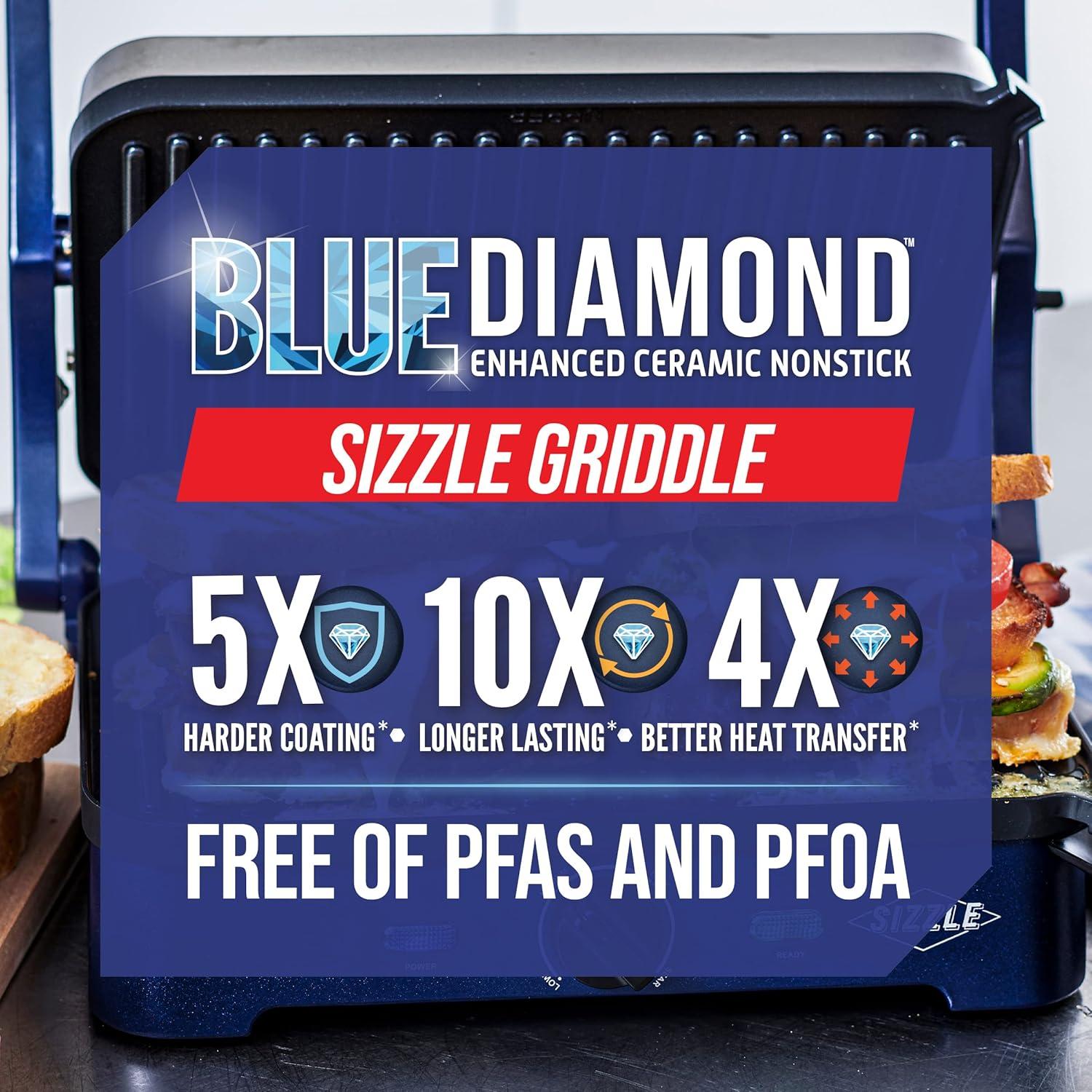 image:imageBlue Diamond Ceramic Nonstick Electric Contact Sizzle Griddle Open Flat Design Dishwasher Safe Removable Plates Adjustable Temperature Control PFASFree BlueContact Griddle without Grill and Waffle Plates