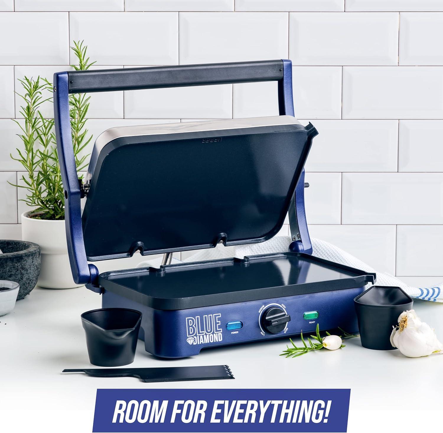 image:imageBlue Diamond Ceramic Nonstick Electric Contact Sizzle Griddle Open Flat Design Dishwasher Safe Removable Plates Adjustable Temperature Control PFASFree BlueContact Griddle without Grill and Waffle Plates
