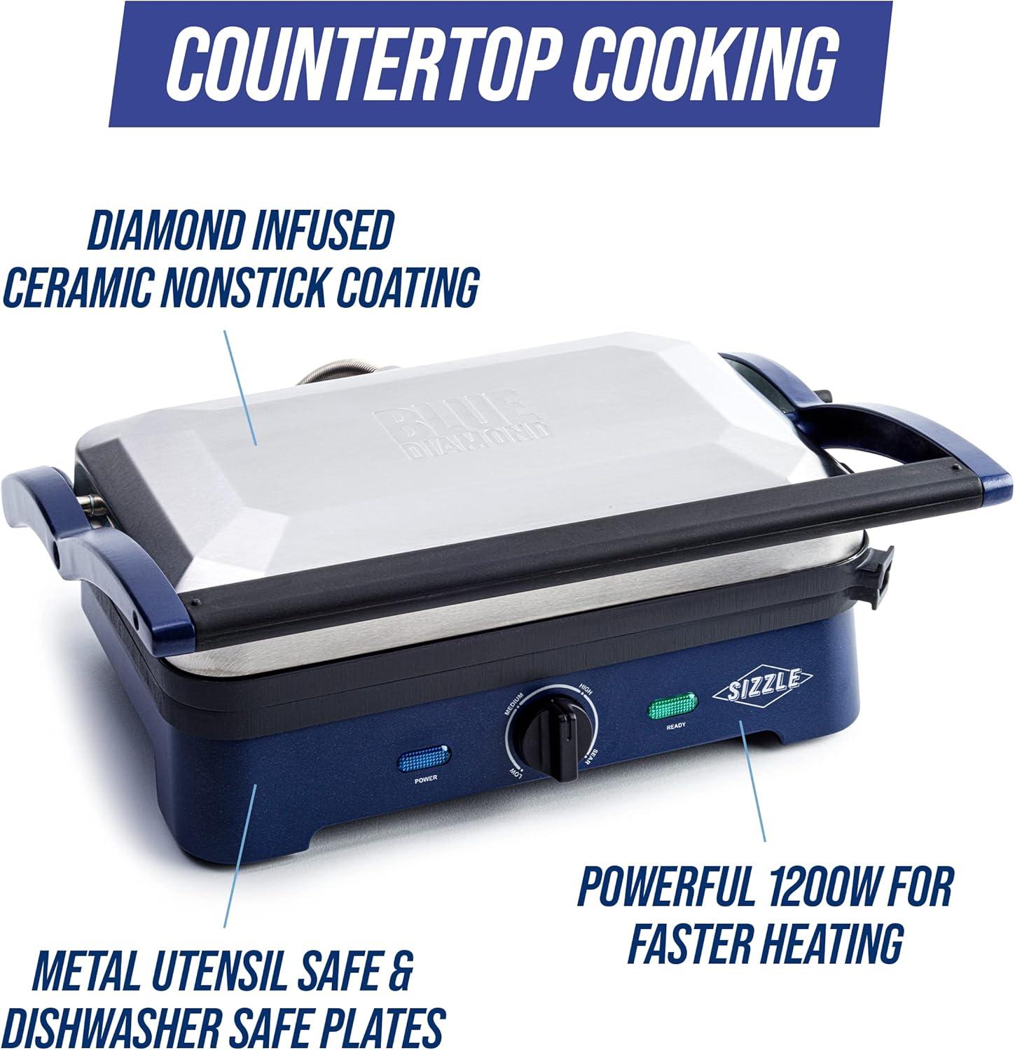 image:imageBlue Diamond Ceramic Nonstick Electric Contact Sizzle Griddle Open Flat Design Dishwasher Safe Removable Plates Adjustable Temperature Control PFASFree BlueContact Griddle without Grill and Waffle Plates