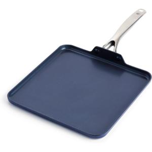 Blue Diamond 11″ Nonstick Square Griddle Pan, Non Toxic PFAS-Free Diamond Ceramic, Dishwasher & Oven Safe, Even Heating, Metal Utensil Safe, Warp Control, Blue(11″ Griddle Pan)