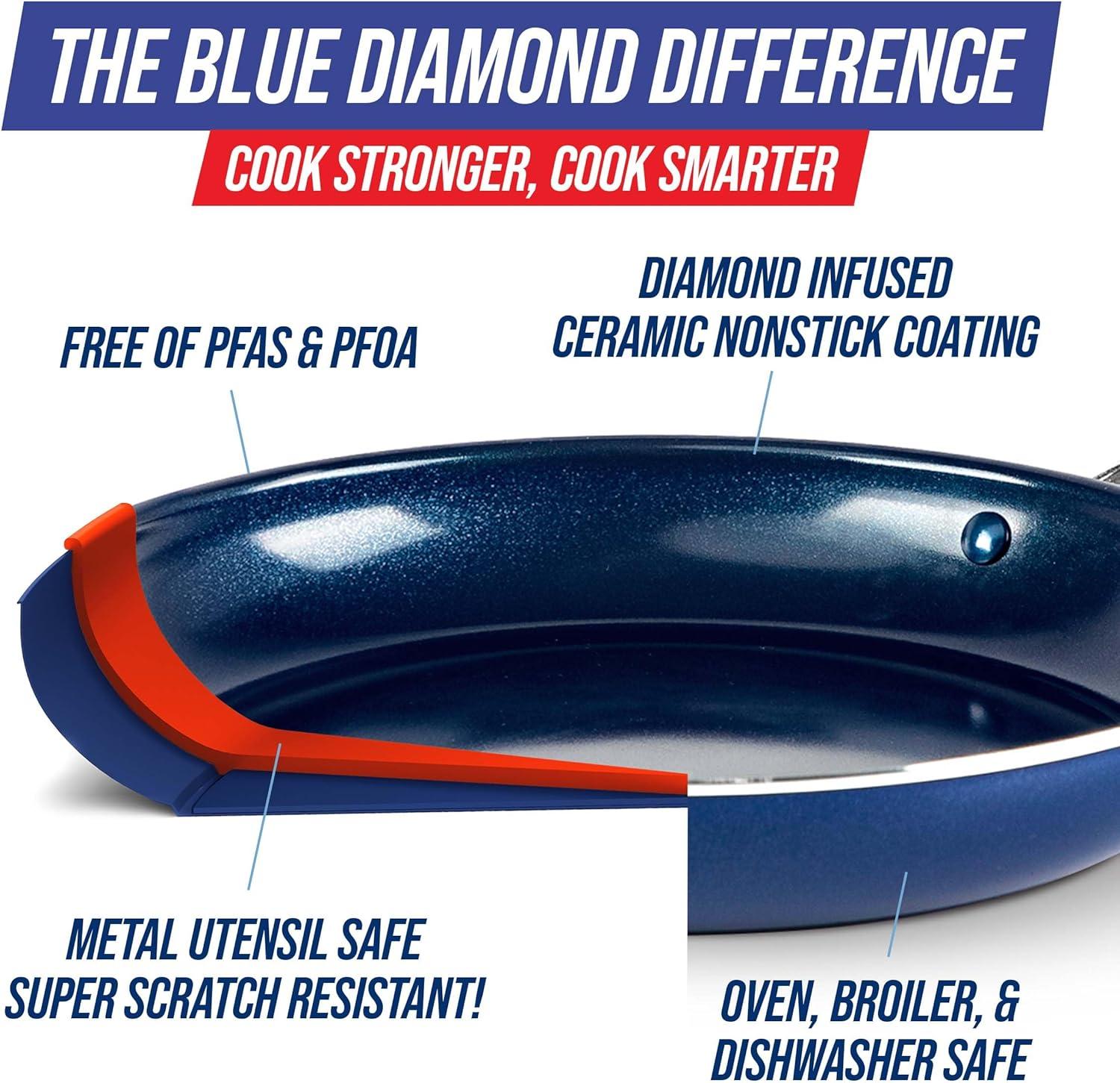 image:imageBlue Diamond 14 Piece Pots and Pans Set 5QT Jumbo Cooker 11 Griddle Mini Egg Pan Diamond Infused Healthy Ceramic Nonstick PFAS amp PFOAFree ProfessionalGrade Durable HeatResistant BlueBlue