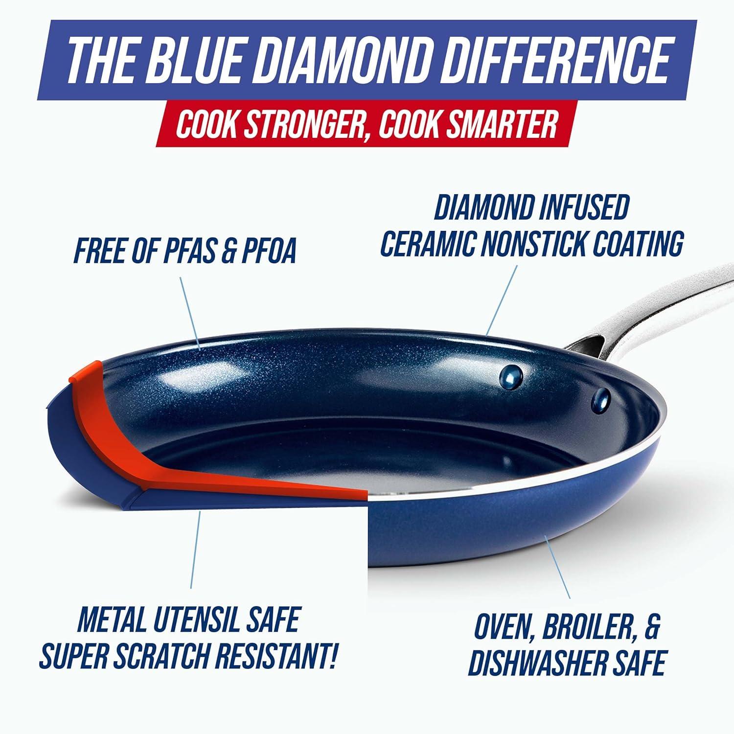 image:imageBlue Diamond 14 Piece Pots and Pans Set 5QT Jumbo Cooker 11 Griddle Mini Egg Pan Diamond Infused Healthy Ceramic Nonstick PFAS amp PFOAFree ProfessionalGrade Durable HeatResistant BlueBlue