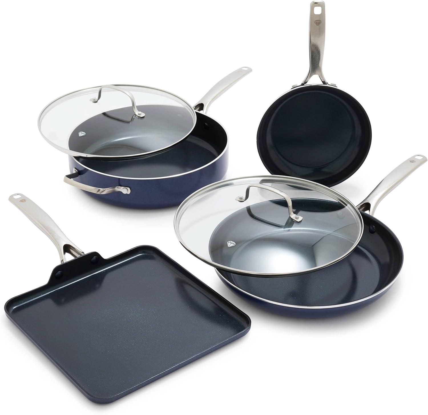 image:imageBlue Diamond 14 Piece Pots and Pans Set 5QT Jumbo Cooker 11 Griddle Mini Egg Pan Diamond Infused Healthy Ceramic Nonstick PFAS amp PFOAFree ProfessionalGrade Durable HeatResistant BlueBlue