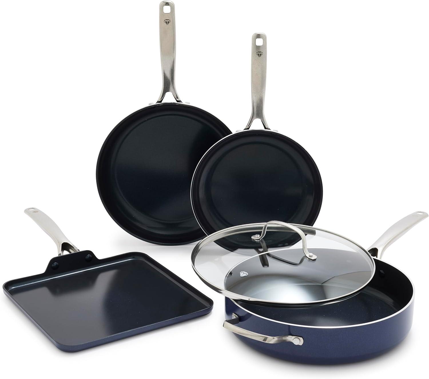 image:imageBlue Diamond 14 Piece Pots and Pans Set 5QT Jumbo Cooker 11 Griddle Mini Egg Pan Diamond Infused Healthy Ceramic Nonstick PFAS amp PFOAFree ProfessionalGrade Durable HeatResistant BlueBlue