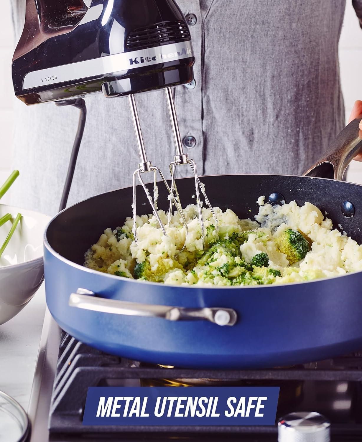 image:imageBlue Diamond 14 Piece Pots and Pans Set 5QT Jumbo Cooker 11 Griddle Mini Egg Pan Diamond Infused Healthy Ceramic Nonstick PFAS amp PFOAFree ProfessionalGrade Durable HeatResistant BlueBlue