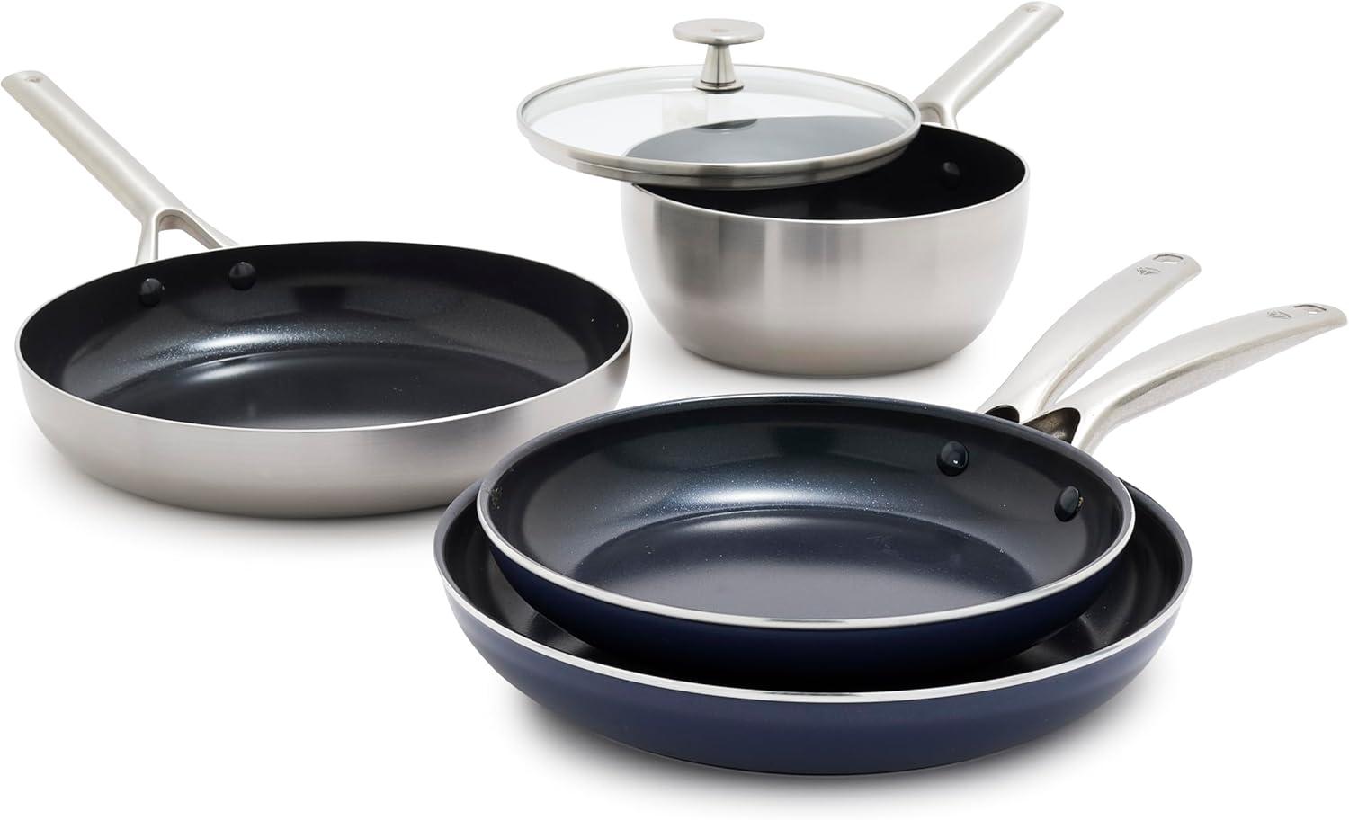 image:imageBlue Diamond 14 Piece Pots and Pans Set 5QT Jumbo Cooker 11 Griddle Mini Egg Pan Diamond Infused Healthy Ceramic Nonstick PFAS amp PFOAFree ProfessionalGrade Durable HeatResistant BlueBlue Silver