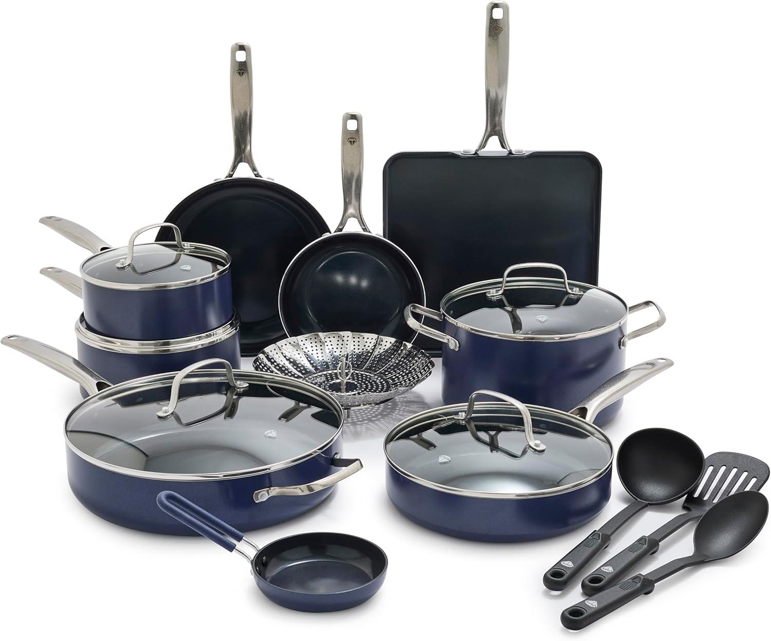 image:imageBlue Diamond 14 Piece Pots and Pans Set 5QT Jumbo Cooker 11 Griddle Mini Egg Pan Diamond Infused Healthy Ceramic Nonstick PFAS amp PFOAFree ProfessionalGrade Durable HeatResistant BlueBlue
