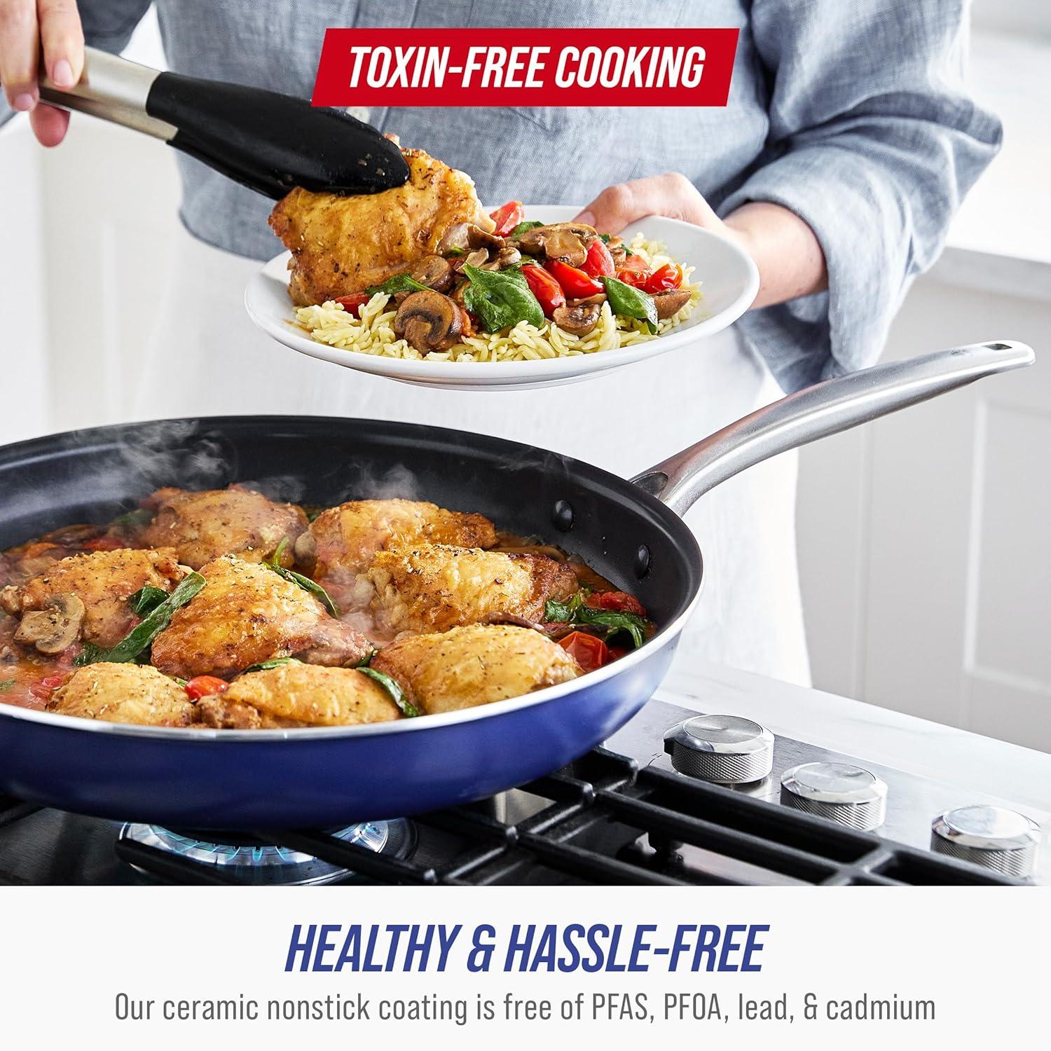 image:imageBlue Diamond 14 Piece Pots and Pans Set 5QT Jumbo Cooker 11 Griddle Mini Egg Pan Diamond Infused Healthy Ceramic Nonstick PFAS amp PFOAFree ProfessionalGrade Durable HeatResistant BlueBlue