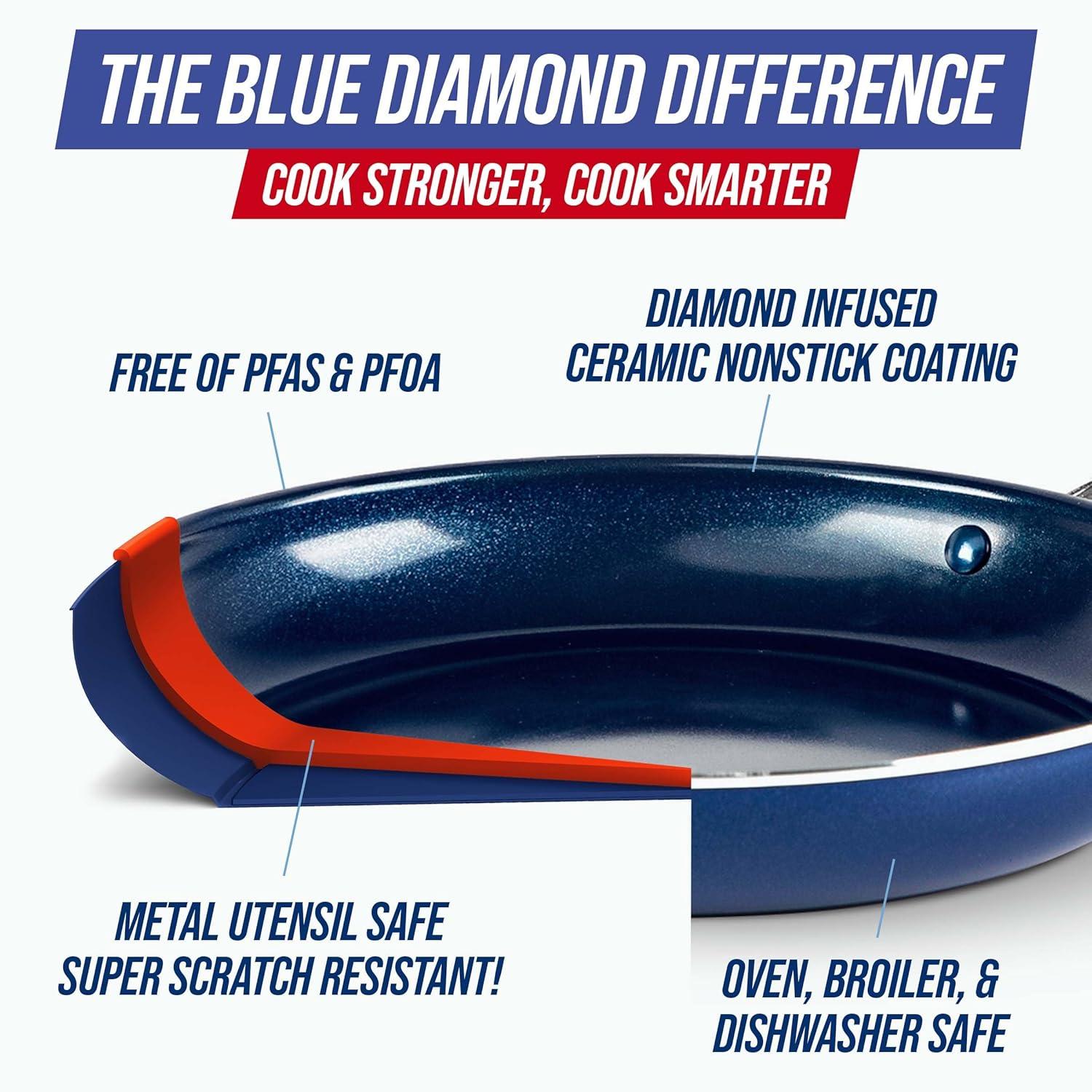 image:imageBlue Diamond 14 Piece Pots and Pans Set 5QT Jumbo Cooker 11 Griddle Mini Egg Pan Diamond Infused Healthy Ceramic Nonstick PFAS amp PFOAFree ProfessionalGrade Durable HeatResistant BlueBlue