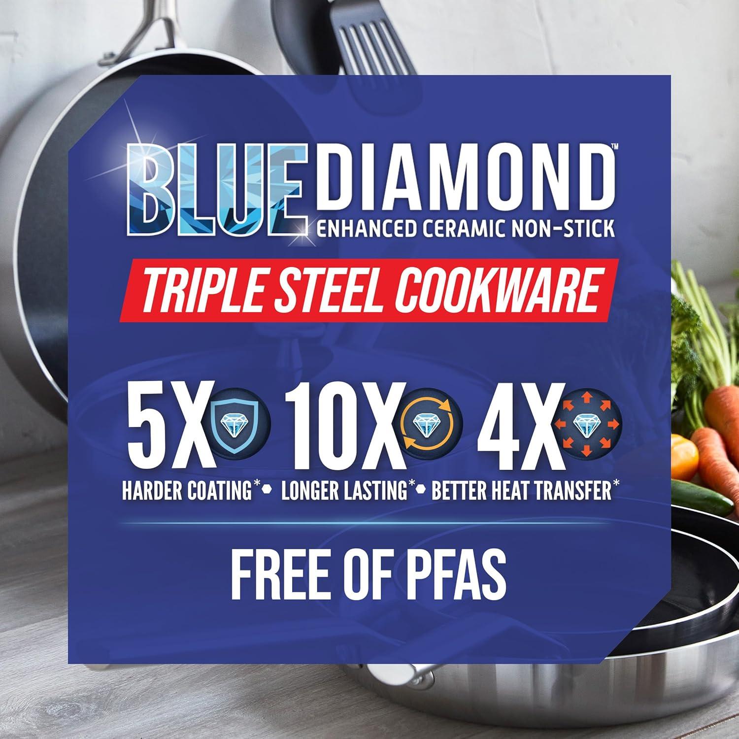 image:imageBlue Diamond 14 Piece Pots and Pans Set 5QT Jumbo Cooker 11 Griddle Mini Egg Pan Diamond Infused Healthy Ceramic Nonstick PFAS amp PFOAFree ProfessionalGrade Durable HeatResistant BlueSilver