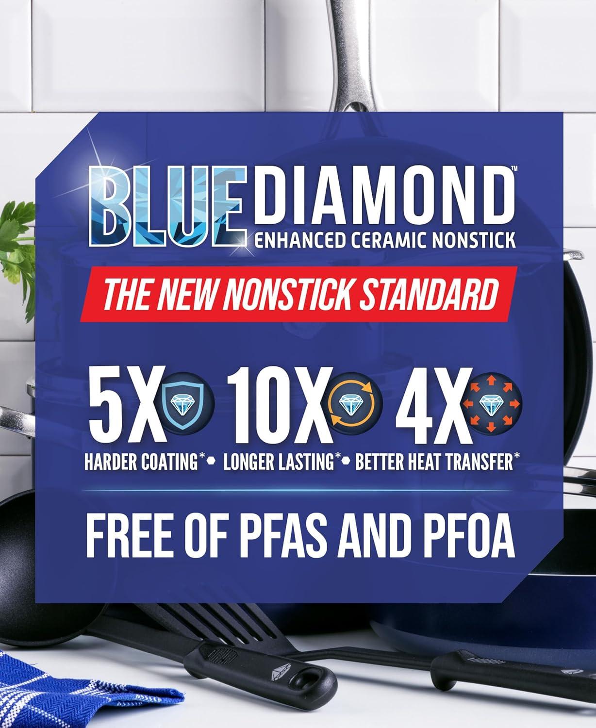 image:imageBlue Diamond 14 Piece Pots and Pans Set 5QT Jumbo Cooker 11 Griddle Mini Egg Pan Diamond Infused Healthy Ceramic Nonstick PFAS amp PFOAFree ProfessionalGrade Durable HeatResistant BlueBlue