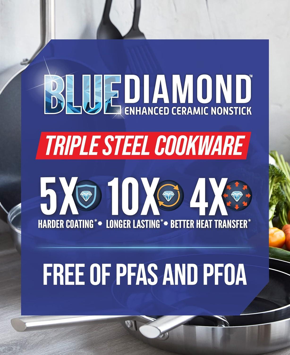 image:imageBlue Diamond 14 Piece Pots and Pans Set 5QT Jumbo Cooker 11 Griddle Mini Egg Pan Diamond Infused Healthy Ceramic Nonstick PFAS amp PFOAFree ProfessionalGrade Durable HeatResistant BlueBlue Silver