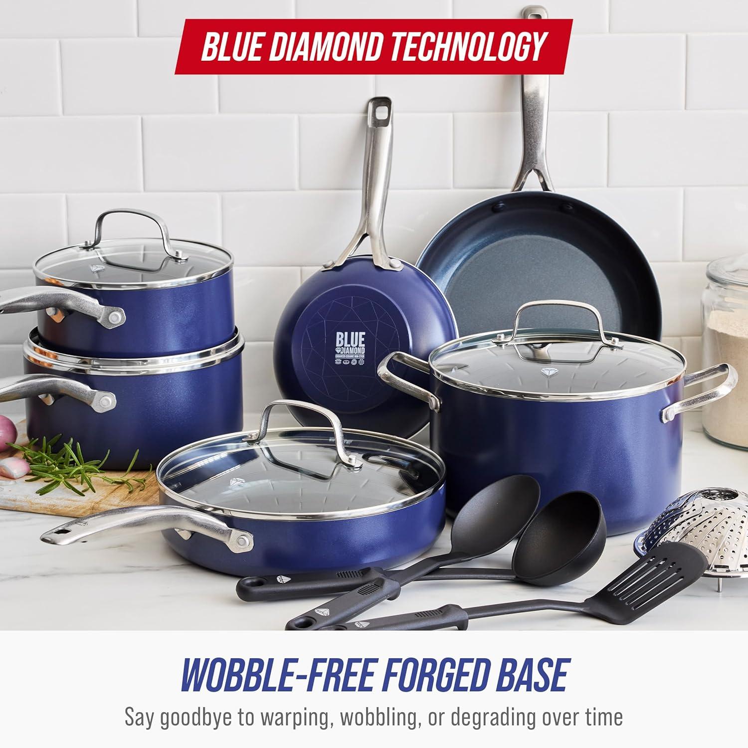 image:imageBlue Diamond 14 Piece Pots and Pans Set 5QT Jumbo Cooker 11 Griddle Mini Egg Pan Diamond Infused Healthy Ceramic Nonstick PFAS amp PFOAFree ProfessionalGrade Durable HeatResistant BlueBlue
