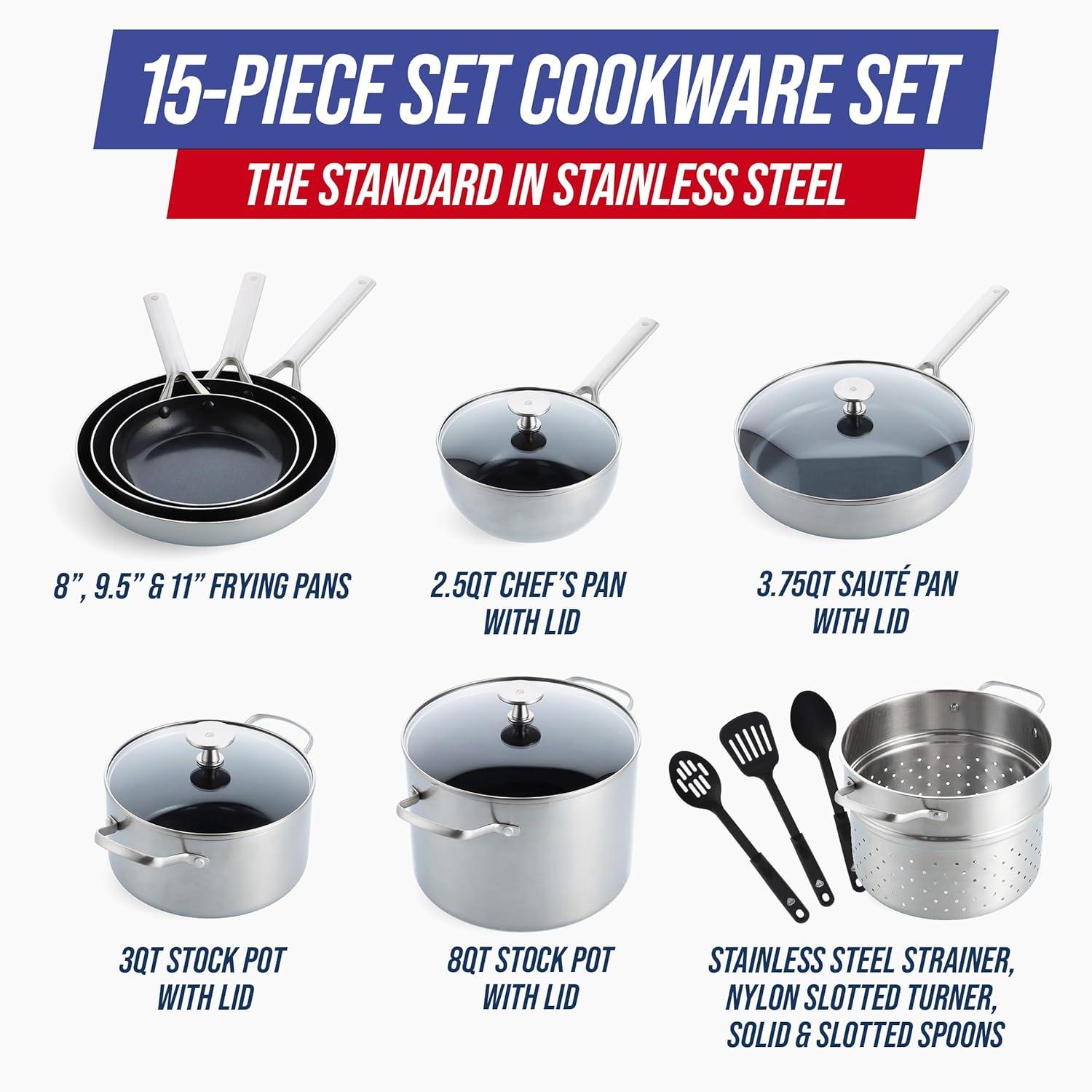 image:imageBlue Diamond 15 Piece Stainless Steel TriPly Cookware Pots and Pans Set Induction Compatible Diamond Infused PFASFree Ceramic Nonstick Dishwasher amp Metal Utensil Safe Scratch Resistant Silver15 Piece Cookware Pots and Pans Set