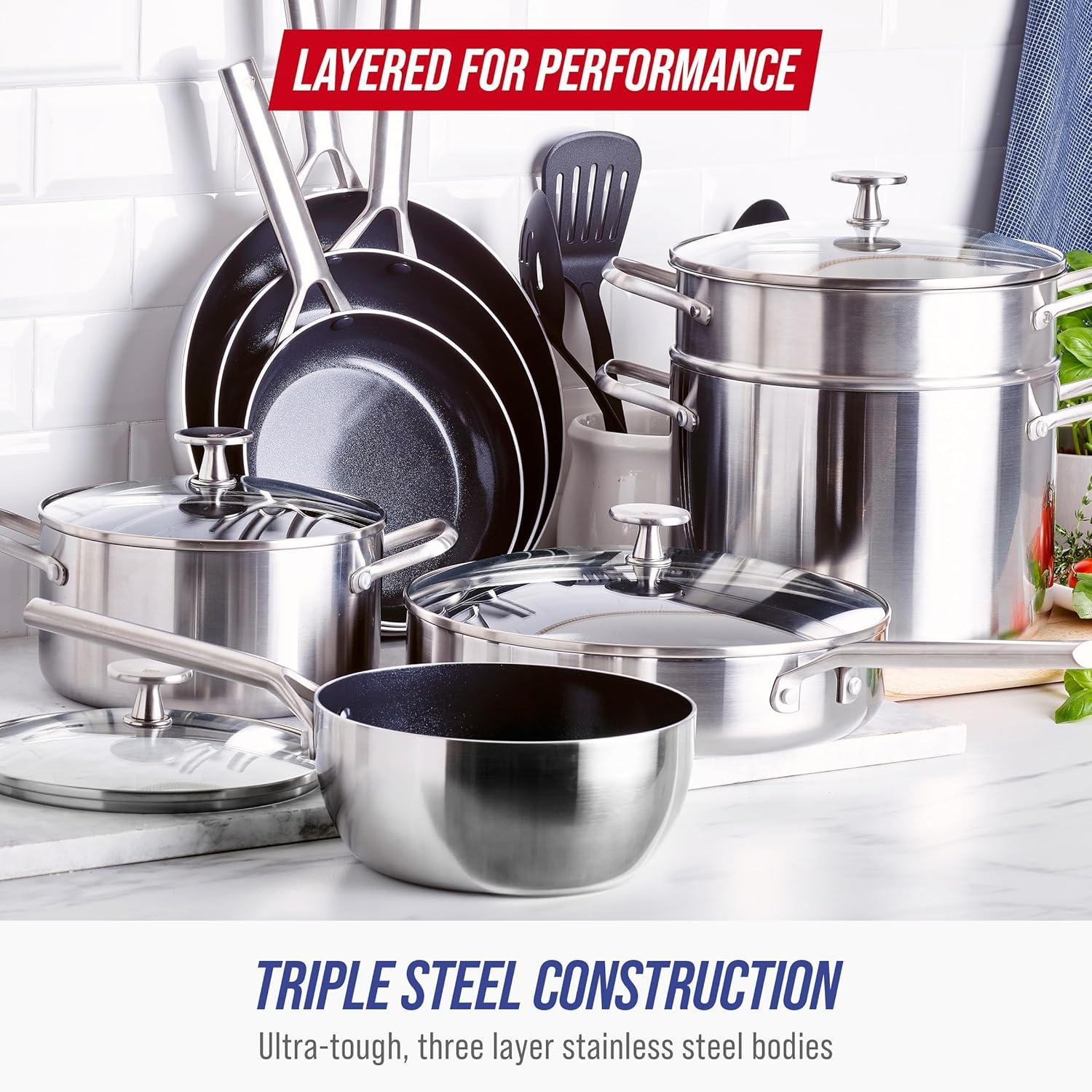 image:imageBlue Diamond 15 Piece Stainless Steel TriPly Cookware Pots and Pans Set Induction Compatible Diamond Infused PFASFree Ceramic Nonstick Dishwasher amp Metal Utensil Safe Scratch Resistant Silver15 Piece Cookware Pots and Pans Set