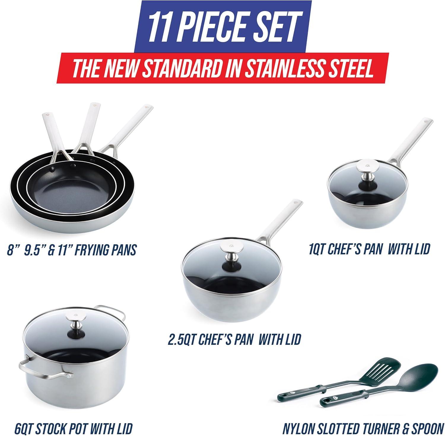 image:imageBlue Diamond 15 Piece Stainless Steel TriPly Cookware Pots and Pans Set Induction Compatible Diamond Infused PFASFree Ceramic Nonstick Dishwasher amp Metal Utensil Safe Scratch Resistant Silver11 Piece Cookware Pots and Pans Set