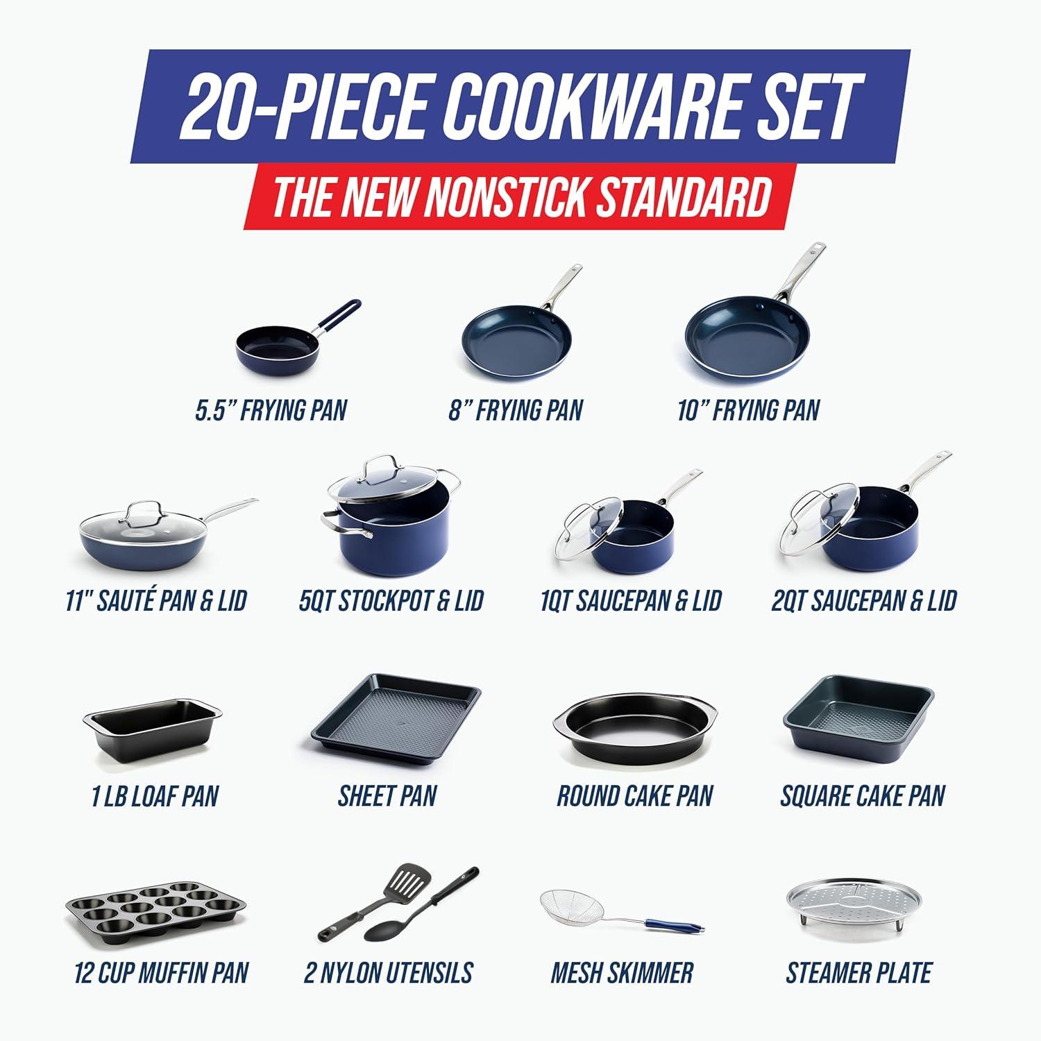 image:imageBlue Diamond 20 Piece Cookware and Bakeware Set Diamond Infused PFASFree Ceramic Nonstick Pots and Pans Durable Nontoxic Metal Utensil Safe amp Scratch Resistant Dishwasher amp Oven Safe GreenBlue