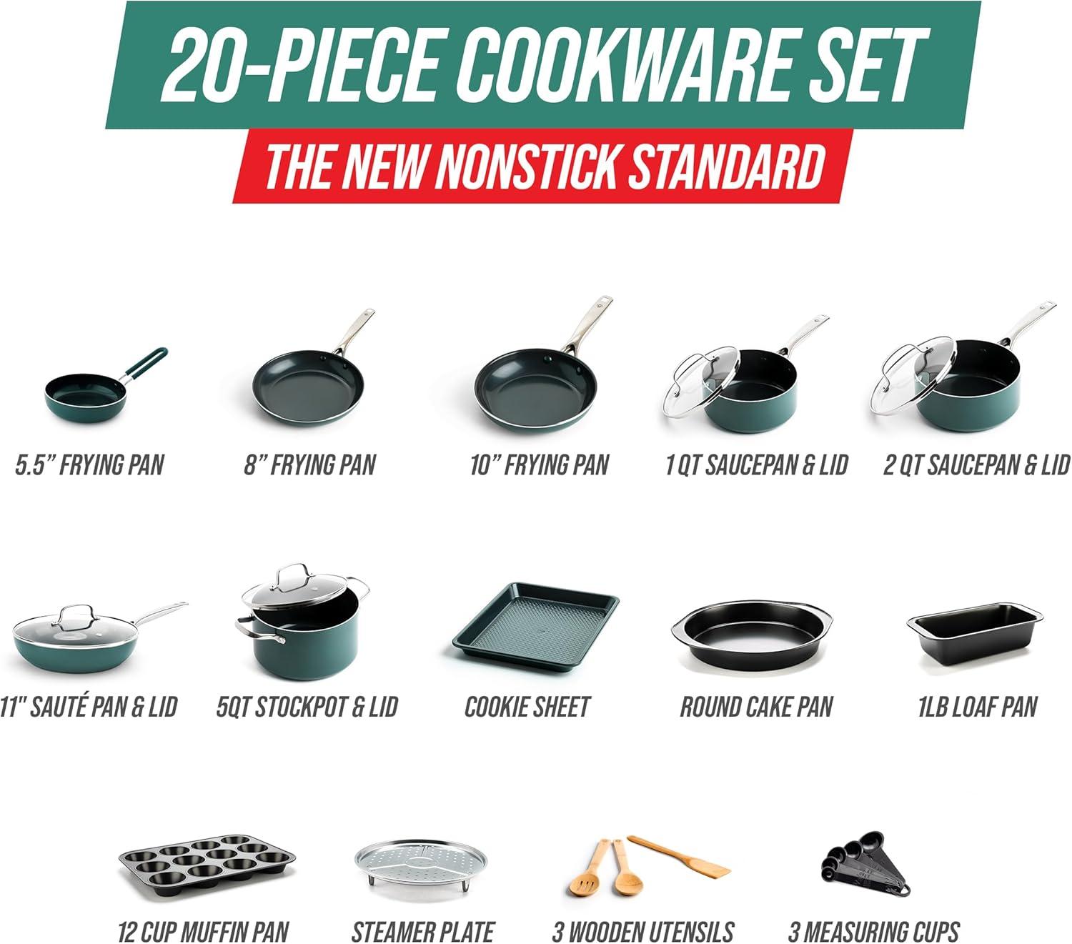 image:imageBlue Diamond 20 Piece Cookware and Bakeware Set Diamond Infused PFASFree Ceramic Nonstick Pots and Pans Durable Nontoxic Metal Utensil Safe amp Scratch Resistant Dishwasher amp Oven Safe GreenGreen