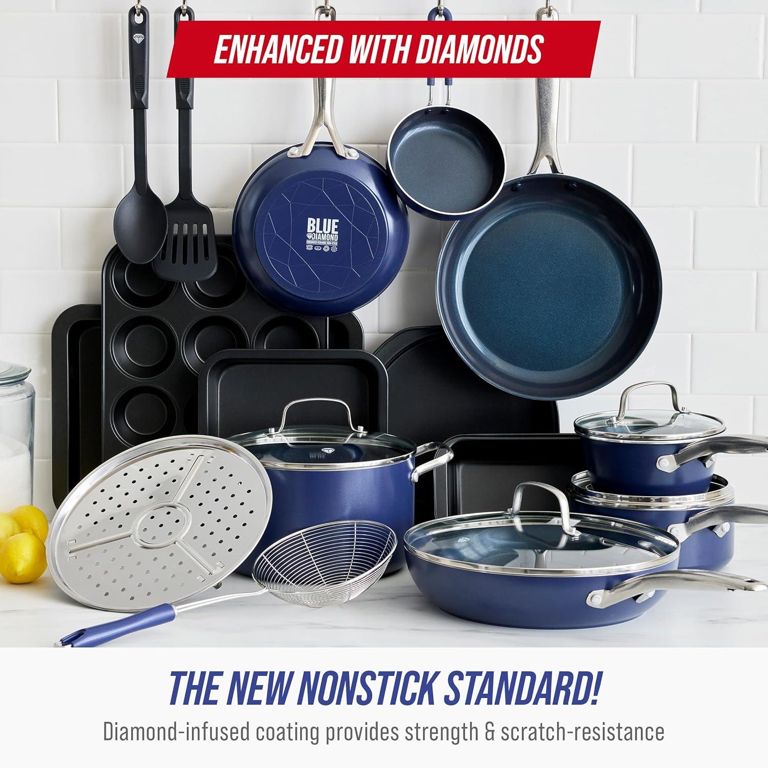 image:imageBlue Diamond 20 Piece Cookware and Bakeware Set Diamond Infused PFASFree Ceramic Nonstick Pots and Pans Durable Nontoxic Metal Utensil Safe amp Scratch Resistant Dishwasher amp Oven Safe GreenBlue