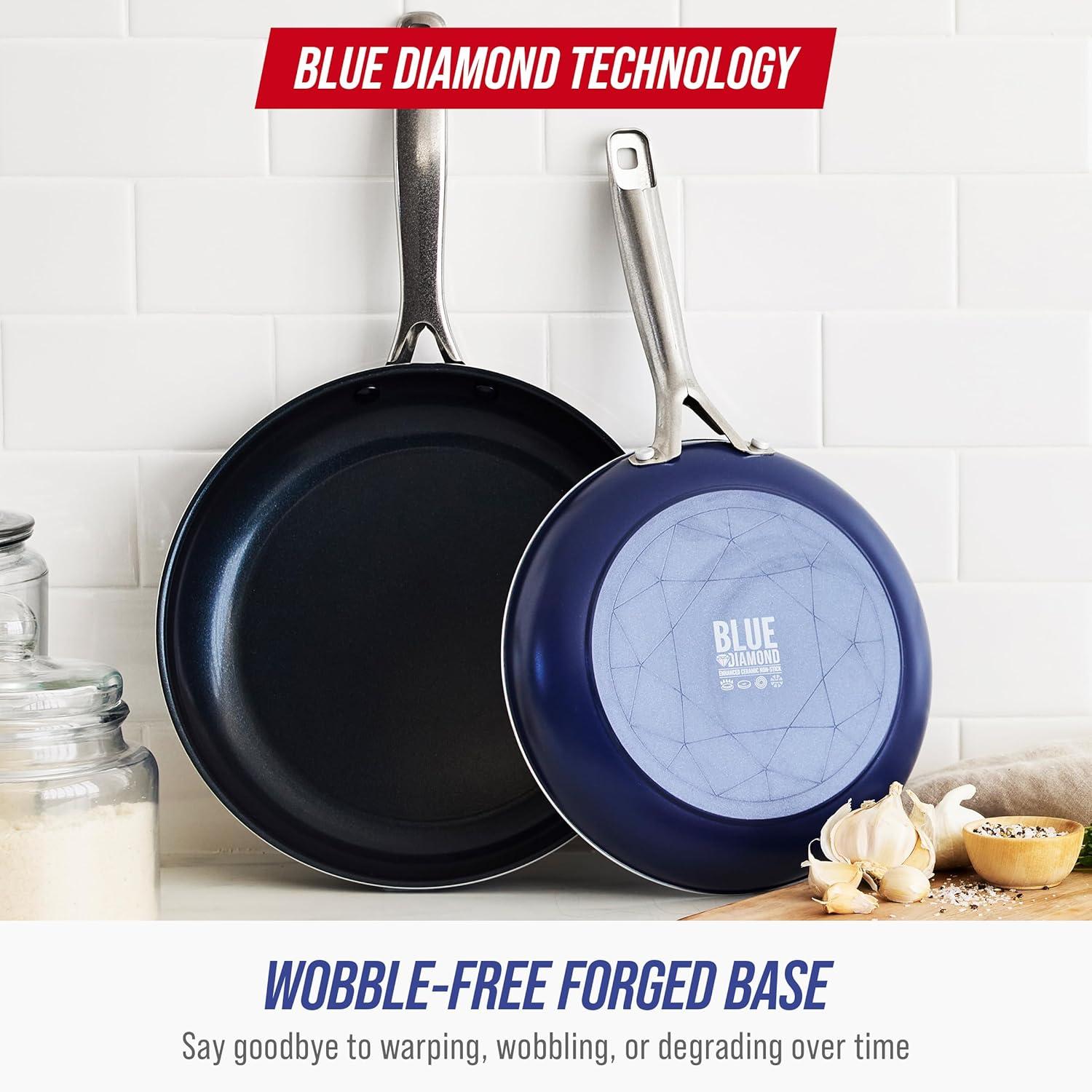 image:imageBlue Diamond 8 amp 10 Nonstick Frying Pan Skillet Set Diamond Infused PFAS amp PTFEFree Ceramic Pots amp Pans Dishwasher amp Oven Safe Stay Cool Handles Non Toxic Metal Utensil Safe Blue amp Grey