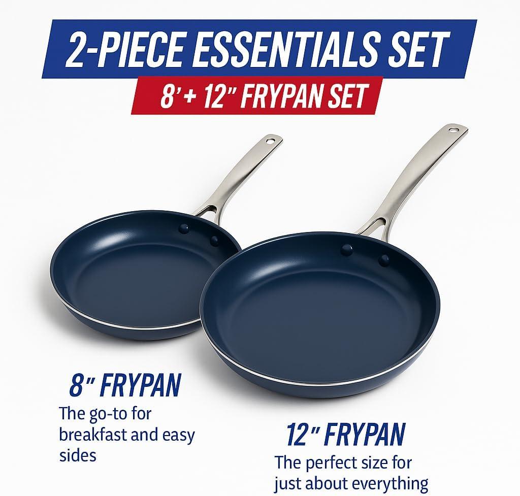image:imageBlue Diamond 8 amp 12 Nonstick Frying Pan Skillet Set Diamond Infused PFAS amp PTFEFree Ceramic Pots amp Pans Dishwasher amp Oven Safe Stay Cool Handles Durable Non Toxic Metal Utensil Safe Blue