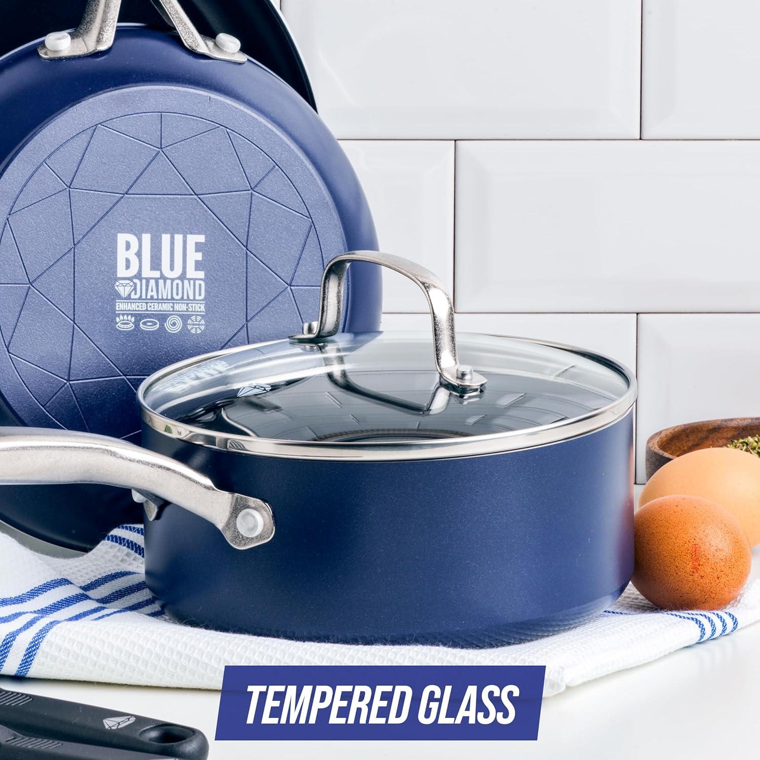 image:imageBlue Diamond 85 Universal Tempered Glass Lid Frying Pan Skillet Saut Saucepan Stockpot Oven Safe to 350F Dishwasher Safe Stainless Steel Handle Clearsilver
