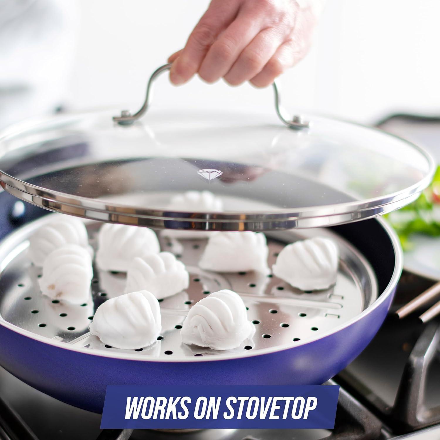 image:imageBlue Diamond 85 Universal Tempered Glass Lid Frying Pan Skillet Saut Saucepan Stockpot Oven Safe to 350F Dishwasher Safe Stainless Steel Handle Clearsilver