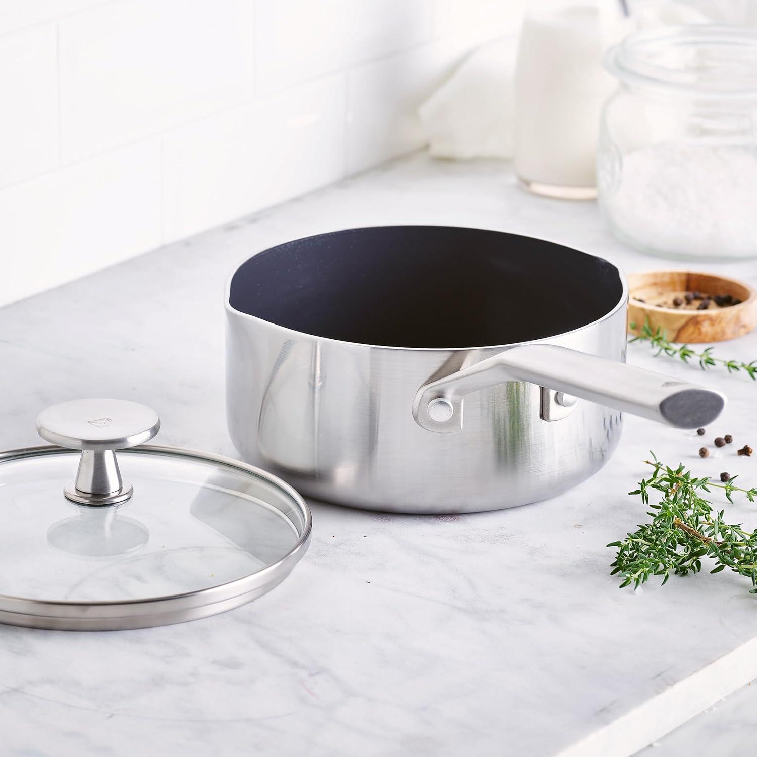 image:imageBlue Diamond Cookware TriPly Stainless Steel Ceramic Nonstick 16 QT Saucepan Pot with Lid PFASFree Multi Clad Induction Dishwasher Safe Oven Safe SilverSaucepan