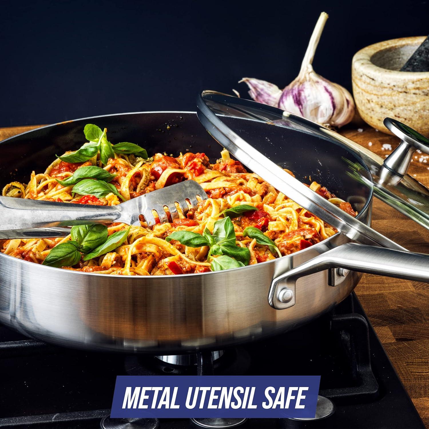 image:imageBlue Diamond Cookware TriPly Stainless Steel Ceramic Nonstick 16 QT Saucepan Pot with Lid PFASFree Multi Clad Induction Dishwasher Safe Oven Safe SilverSaute Pan