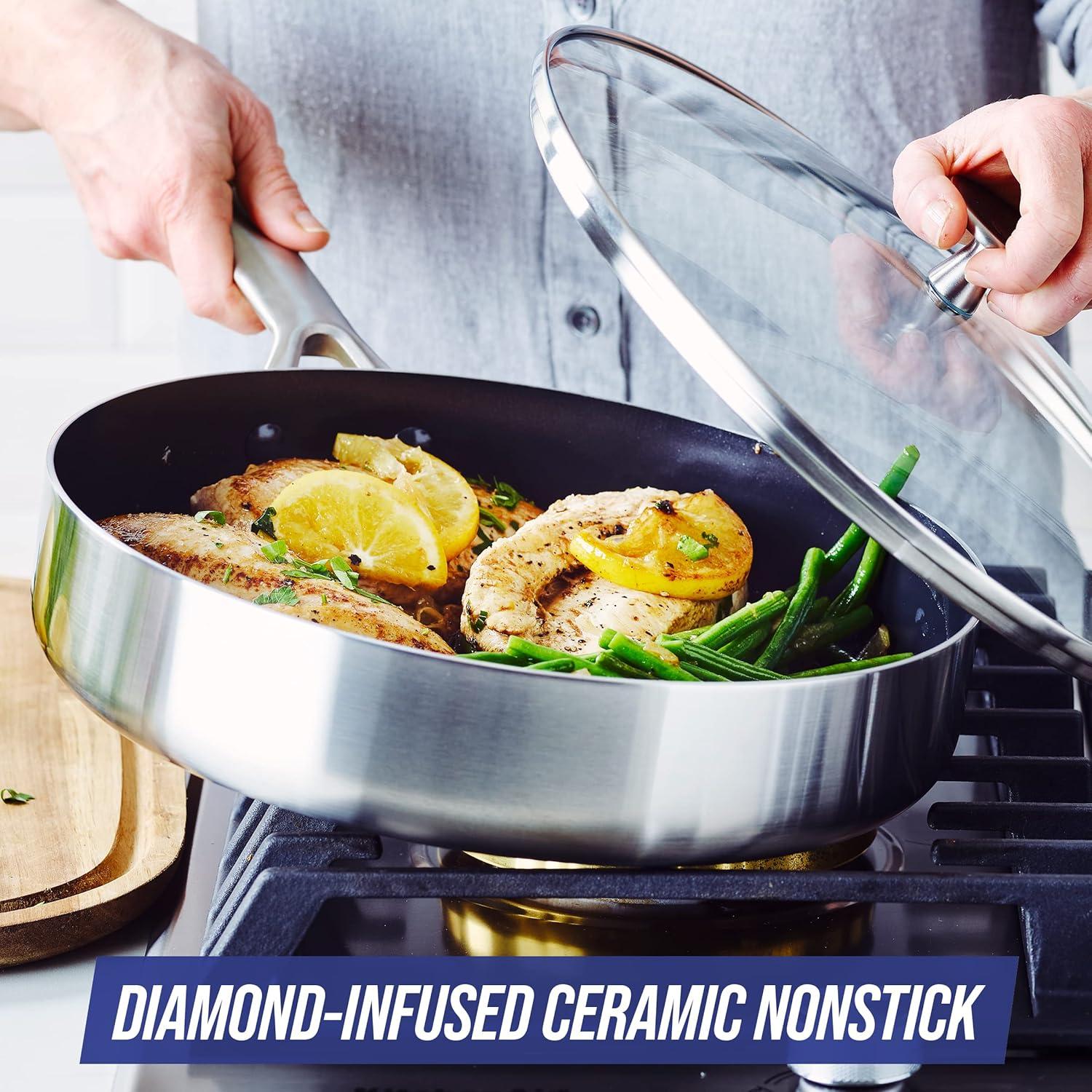 image:imageBlue Diamond Cookware TriPly Stainless Steel Ceramic Nonstick 16 QT Saucepan Pot with Lid PFASFree Multi Clad Induction Dishwasher Safe Oven Safe SilverSaute Pan