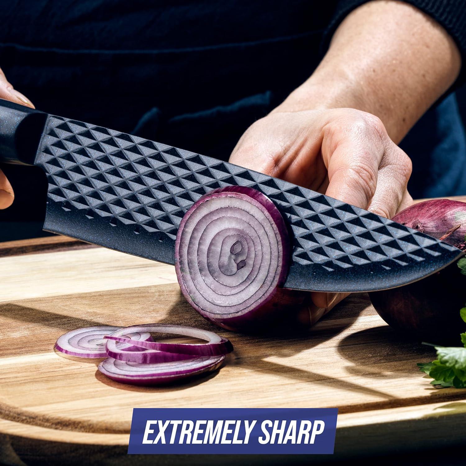 image:imageBlue Diamond Sharp Stone 14 Piece Knife Block Set PFASFree Nonstick Diamond Textured Stainless Steel Blades Rust Resistant Kitchen Cutlery Chef amp Steak Knives Dishwasher Safe Navy14 Piece Wood Knife Block Set