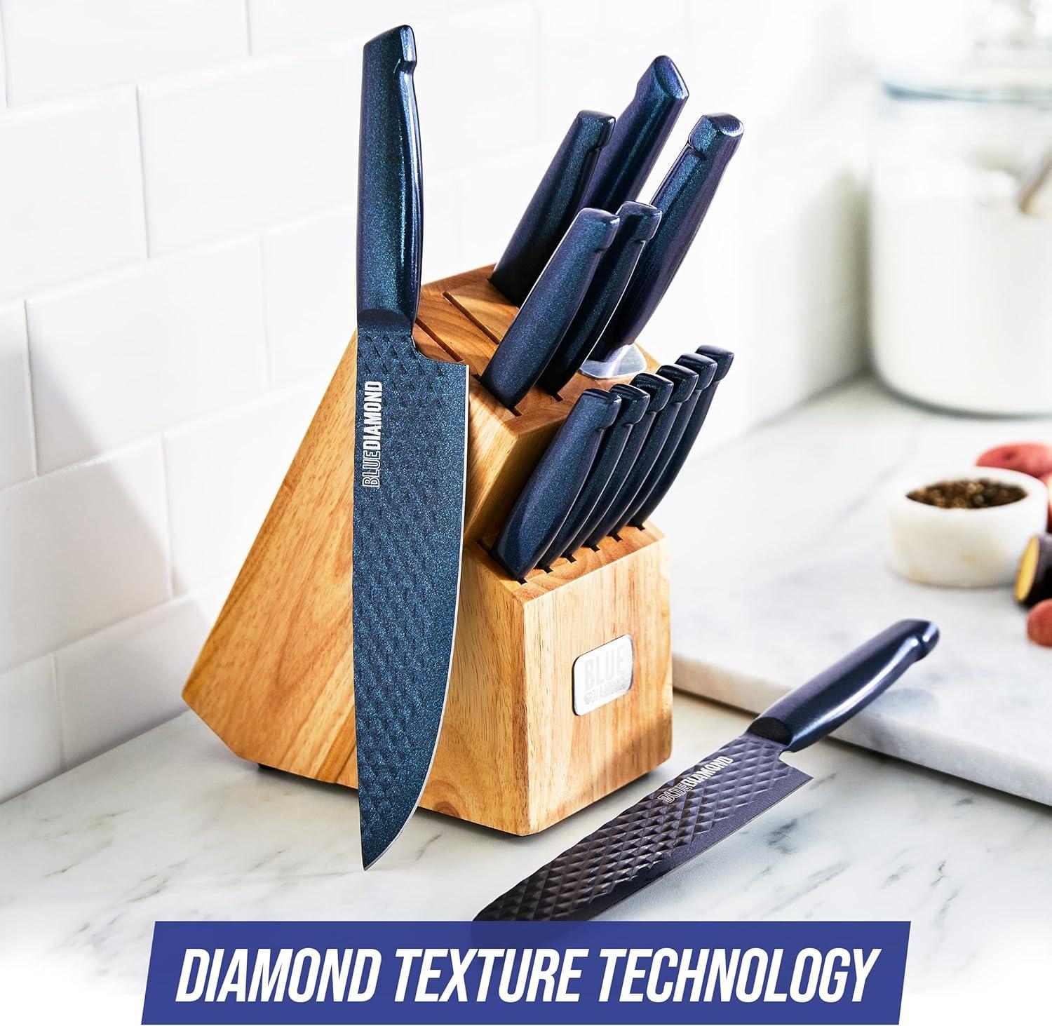image:imageBlue Diamond Sharp Stone 14 Piece Knife Block Set PFASFree Nonstick Diamond Textured Stainless Steel Blades Rust Resistant Kitchen Cutlery Chef amp Steak Knives Dishwasher Safe Navy14 Piece Wood Knife Block Set