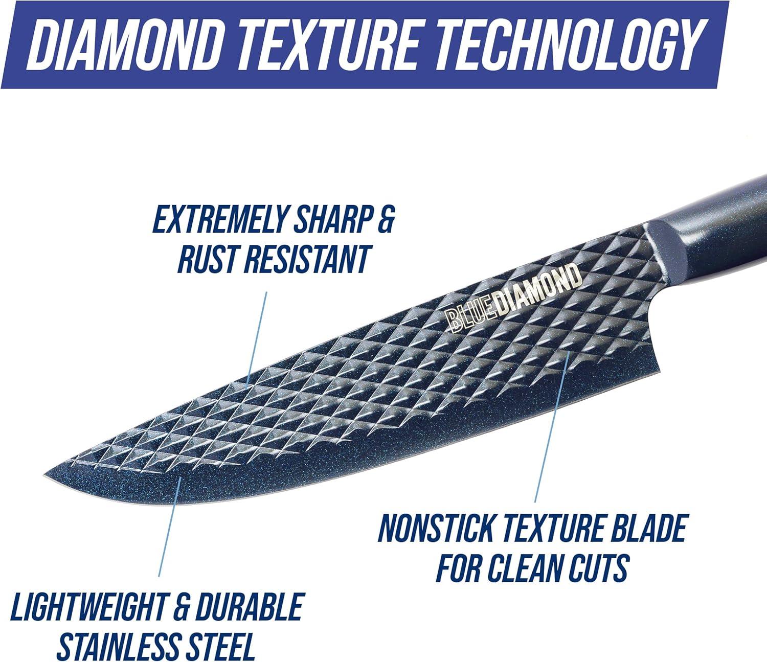 image:imageBlue Diamond Sharp Stone 14 Piece Knife Block Set PFASFree Nonstick Diamond Textured Stainless Steel Blades Rust Resistant Kitchen Cutlery Chef amp Steak Knives Dishwasher Safe Navy14 Piece Wood Knife Block Set