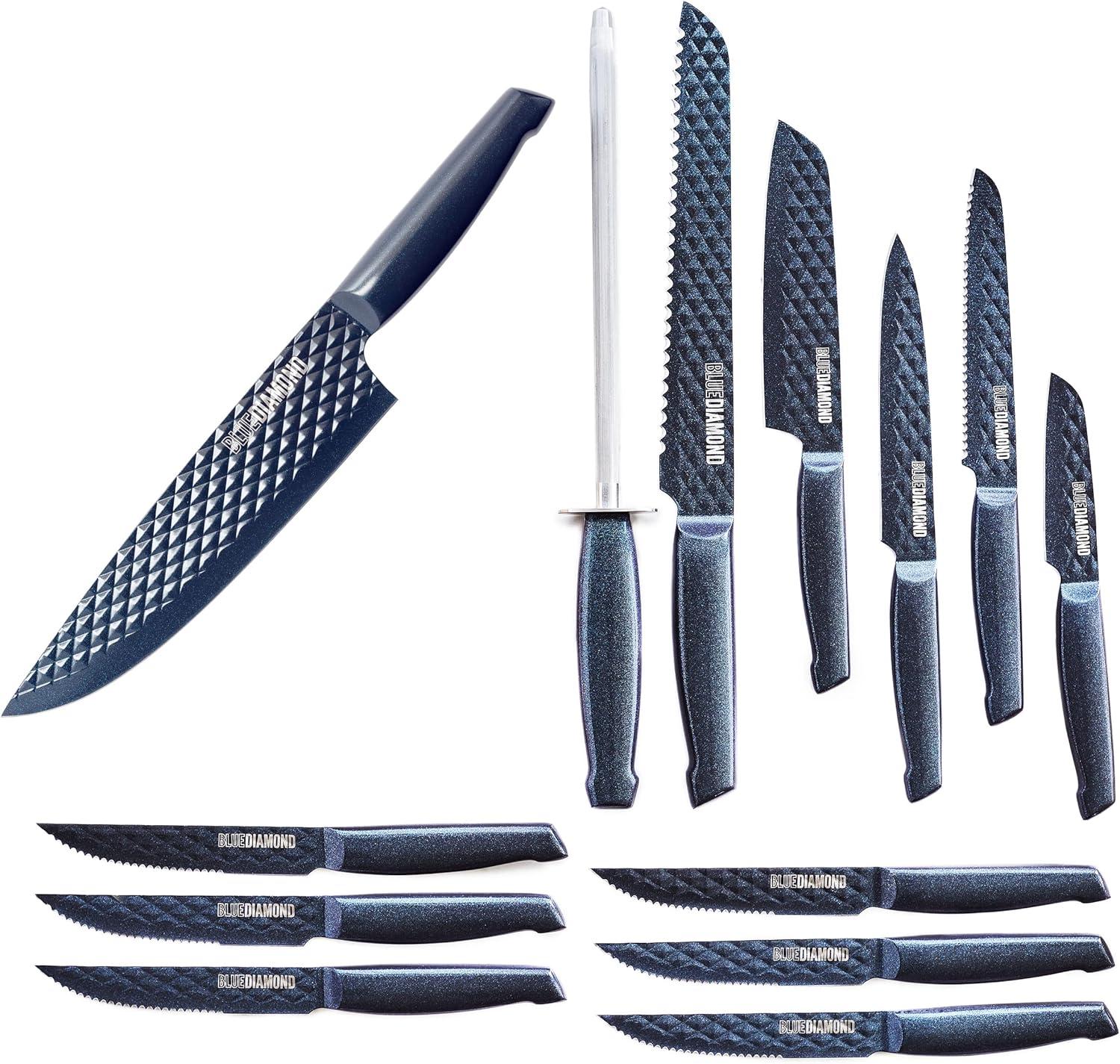 image:imageBlue Diamond Sharp Stone 14 Piece Knife Block Set PFASFree Nonstick Diamond Textured Stainless Steel Blades Rust Resistant Kitchen Cutlery Chef amp Steak Knives Dishwasher Safe Navy14 Piece Wood Knife Block Set