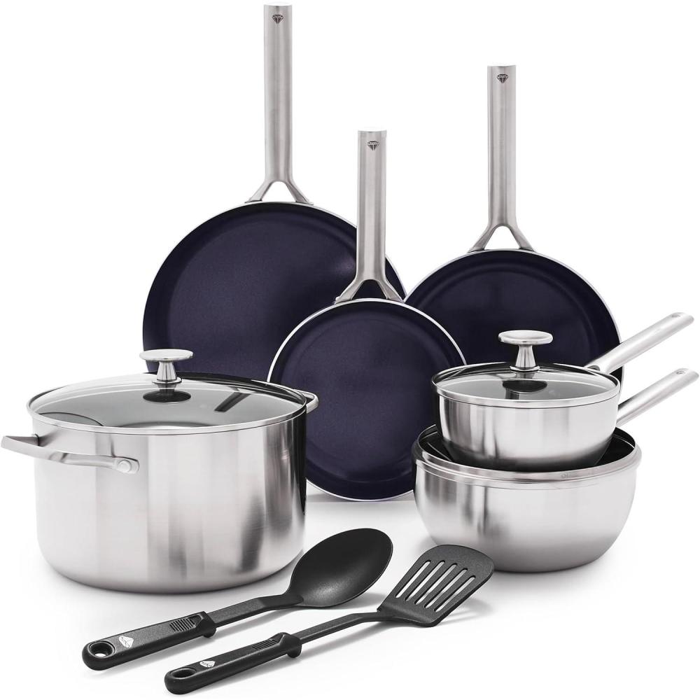 image:imageBlue Diamond 15 Piece Stainless Steel TriPly Cookware Pots and Pans Set Induction Compatible Diamond Infused PFASFree Ceramic Nonstick Dishwasher amp Metal Utensil Safe Scratch Resistant Silver11 Piece Cookware Pots and Pans Set