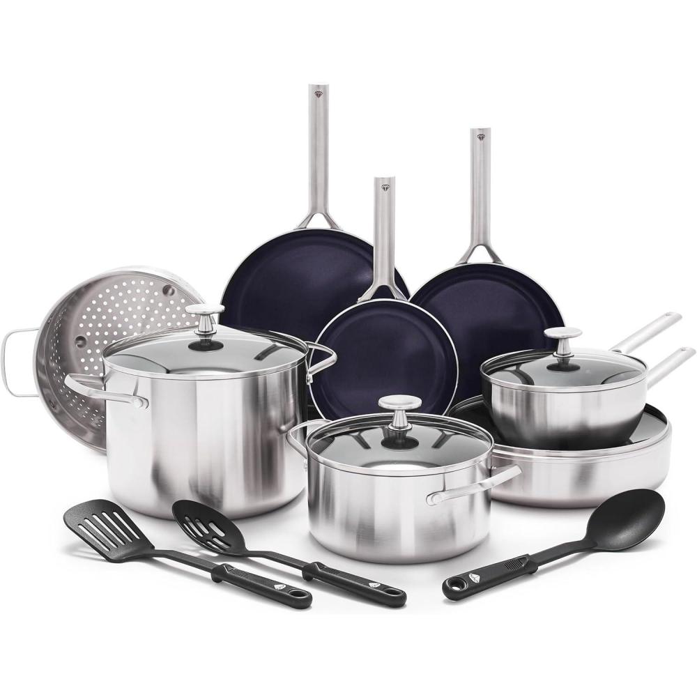 image:imageBlue Diamond 15 Piece Stainless Steel TriPly Cookware Pots and Pans Set Induction Compatible Diamond Infused PFASFree Ceramic Nonstick Dishwasher amp Metal Utensil Safe Scratch Resistant Silver15 Piece Cookware Pots and Pans Set