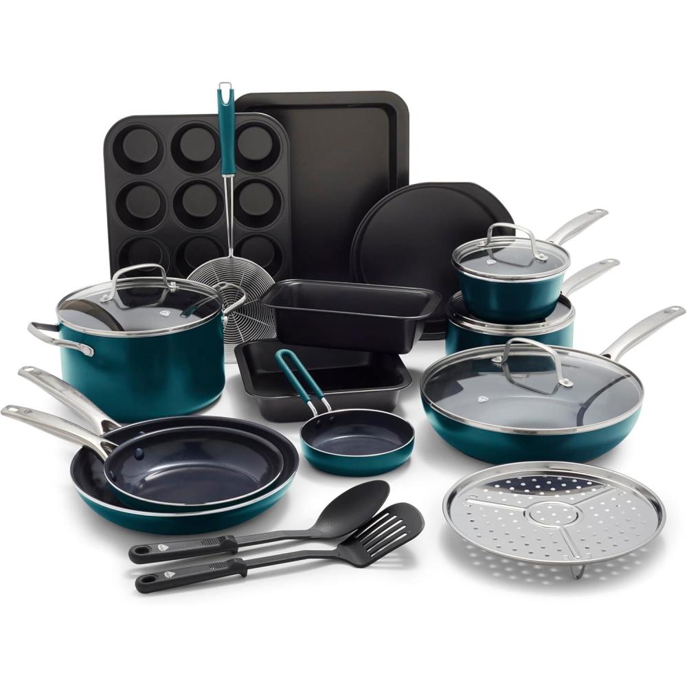 image:imageBlue Diamond 20 Piece Cookware and Bakeware Set Diamond Infused PFASFree Ceramic Nonstick Pots and Pans Durable Nontoxic Metal Utensil Safe amp Scratch Resistant Dishwasher amp Oven Safe GreenGreen