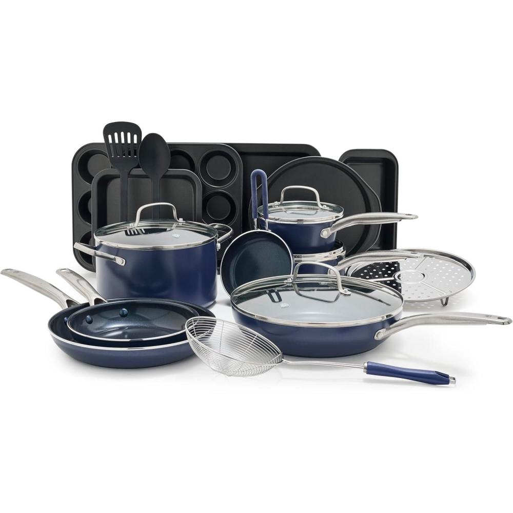 image:imageBlue Diamond 20 Piece Cookware and Bakeware Set Diamond Infused PFASFree Ceramic Nonstick Pots and Pans Durable Nontoxic Metal Utensil Safe amp Scratch Resistant Dishwasher amp Oven Safe GreenBlue