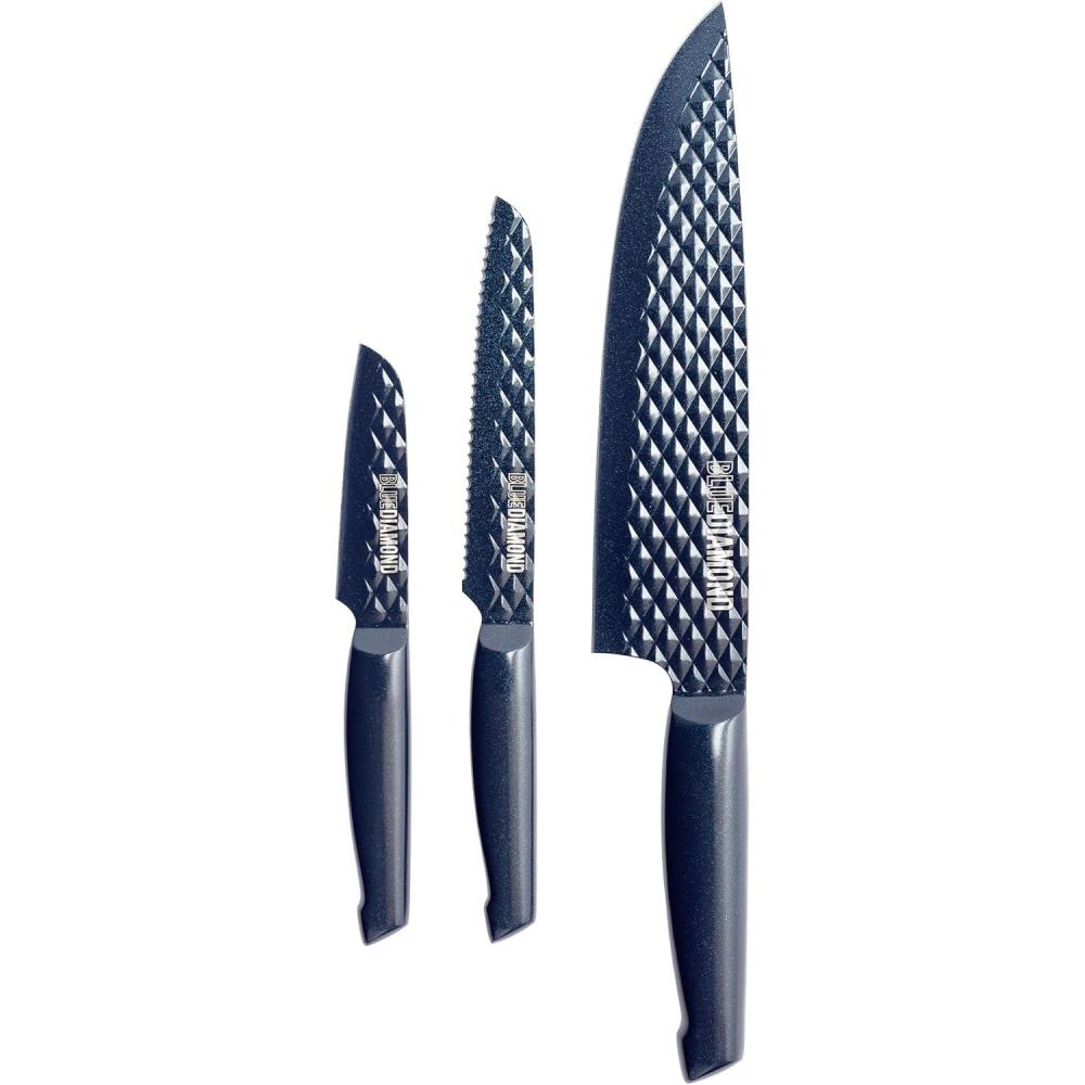 image:imageBlue Diamond Sharp Stone Nonstick Stainless Steel Cutlery 3 Piece Set including Chef Serrated and Pairing Knives with Covers Diamond Texture Blade Dishwasher Safe Blue3 Piece Set 8  5  35